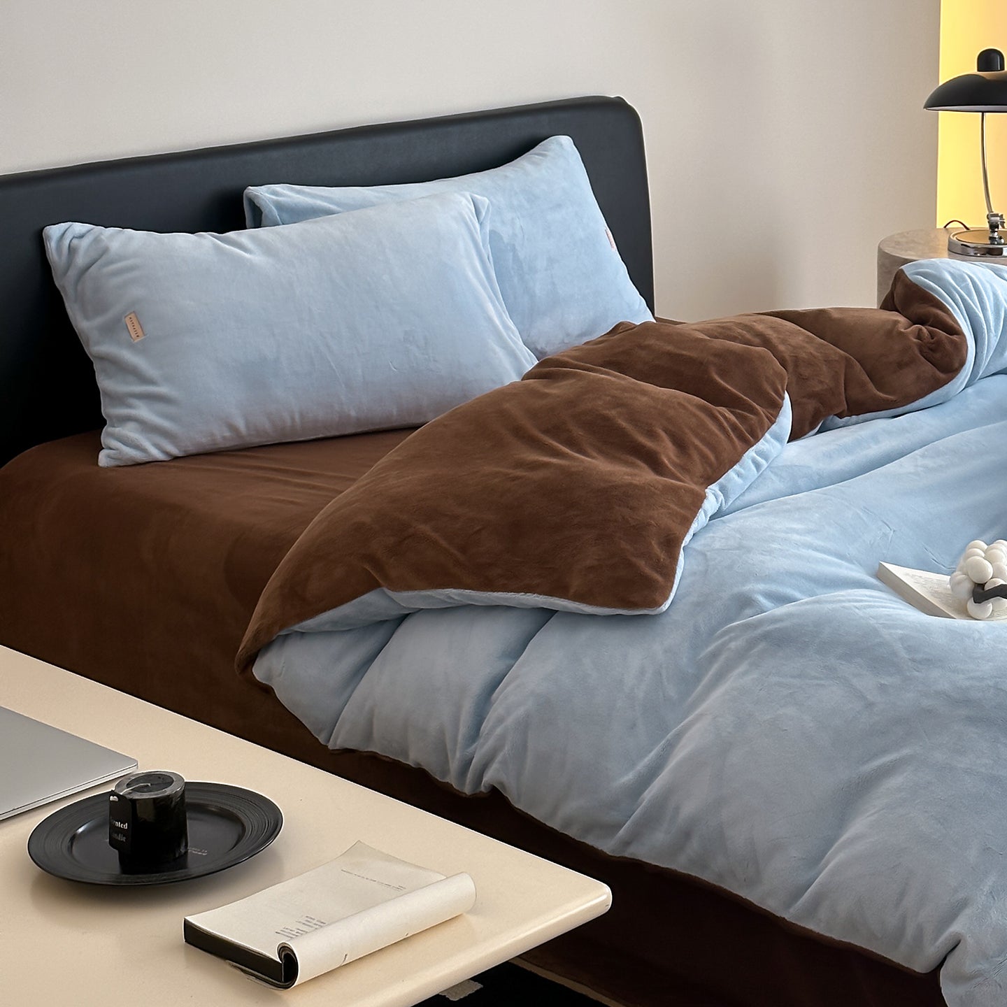 Double Milk Fleece Bedding Set Blue Brown