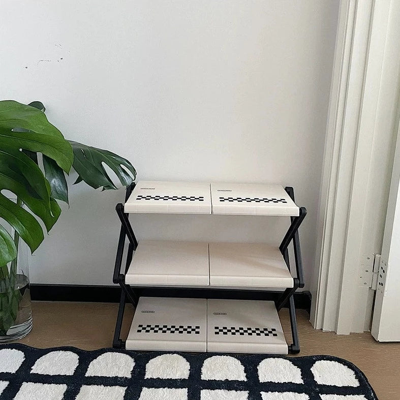 簡単組み立て モノクロ チェック柄 シューズラック kocol