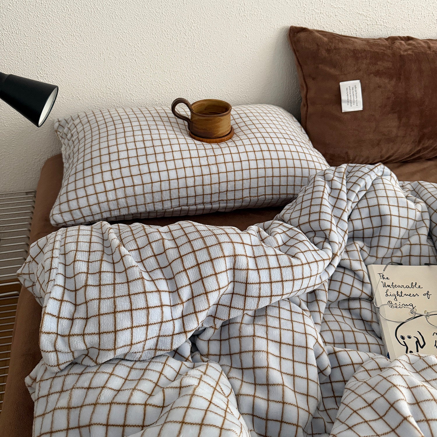 Blue & Brown Fleece Grid Check Bedding Set