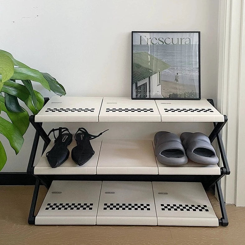簡単組み立て モノクロ チェック柄 シューズラック kocol