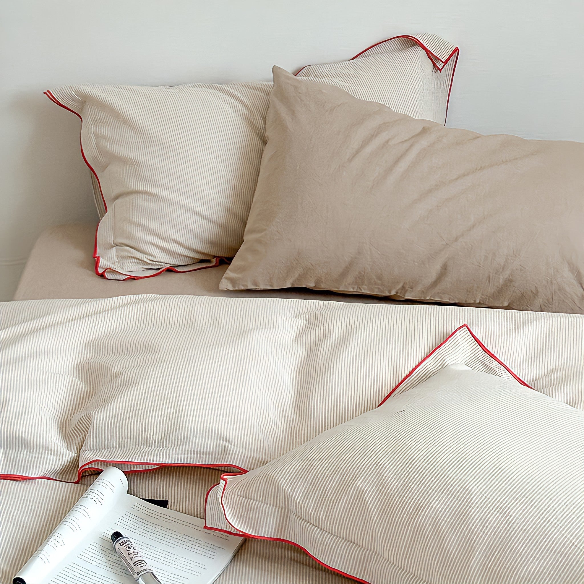 ベージュパイピングコットン寝具セット