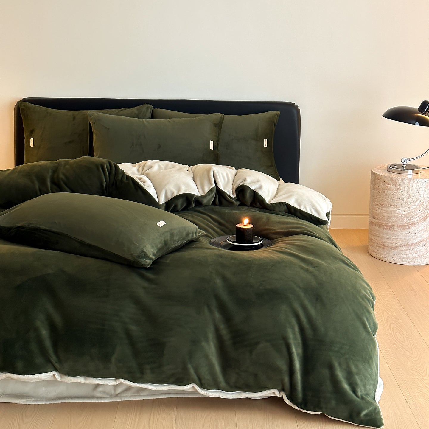 Double Milk Fleece Bedding Set, Dark Green