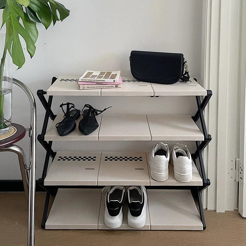 簡単組み立て モノクロ チェック柄 シューズラック kocol