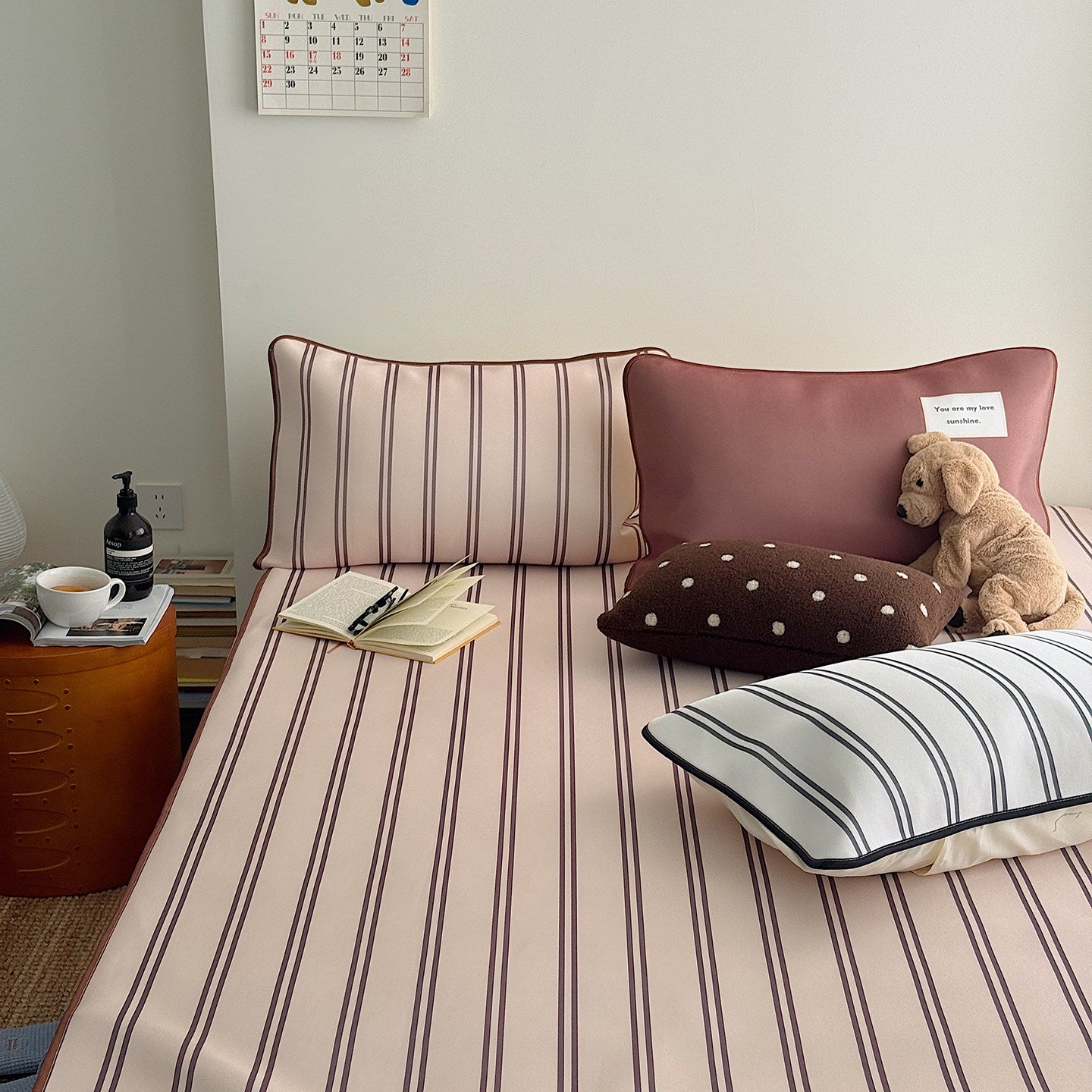 Ice Silk Double Line Stripe Mat Set - Milk Tea