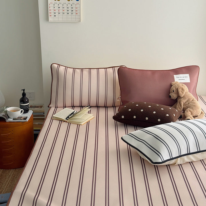Ice Silk Double Line Stripe Mat Set - Milk Tea