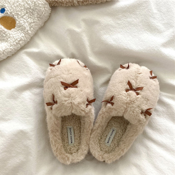 ミニリボンふわふわルームシューズ ミルクティー