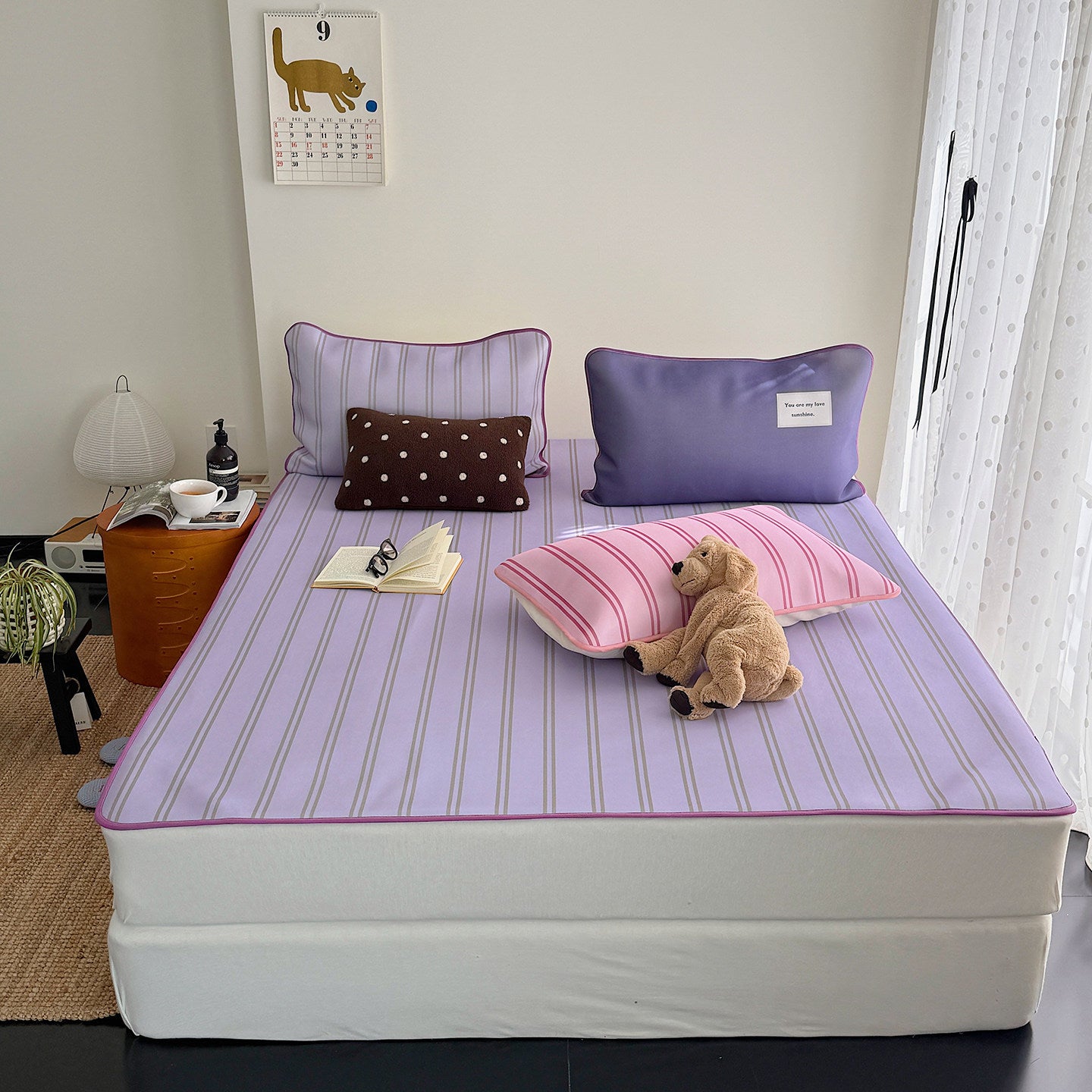 Ice Silk Double Line Stripe Mat Set Grape Purple