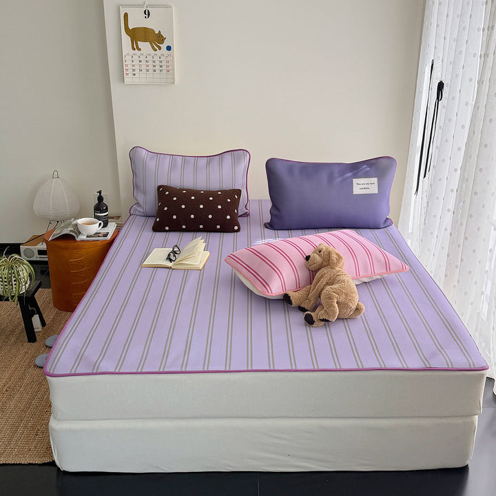 Ice Silk Double Line Stripe Mat Set Grape Purple