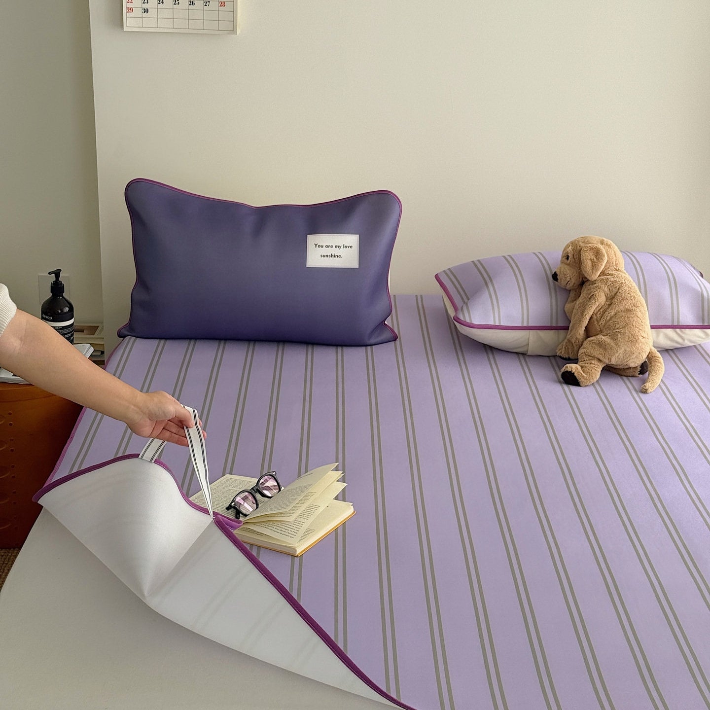 Ice Silk Double Line Stripe Mat Set Grape Purple