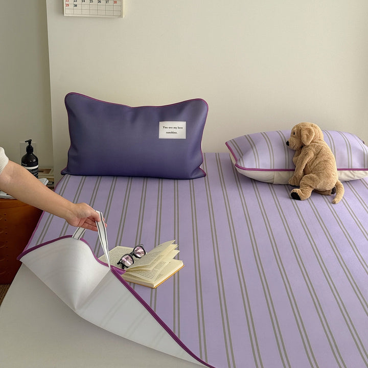 Ice Silk Double Line Stripe Mat Set Grape Purple