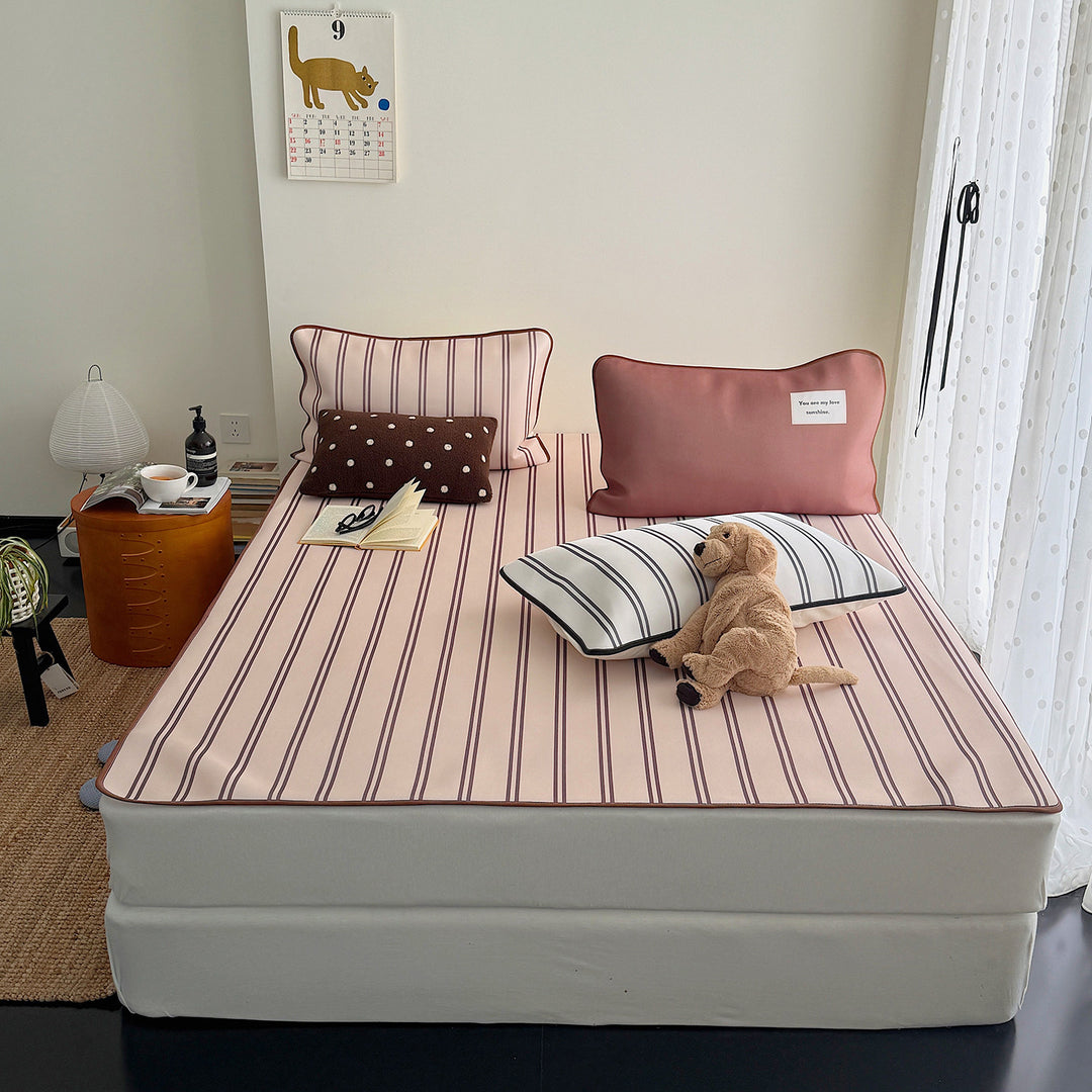 Ice Silk Double Line Stripe Mat Set - Milk Tea