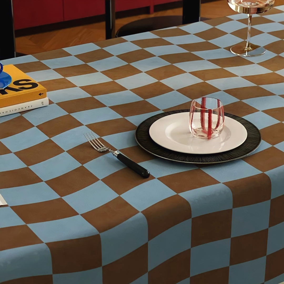 ウェーブブロックチェックテーブルクロス　ベージュ