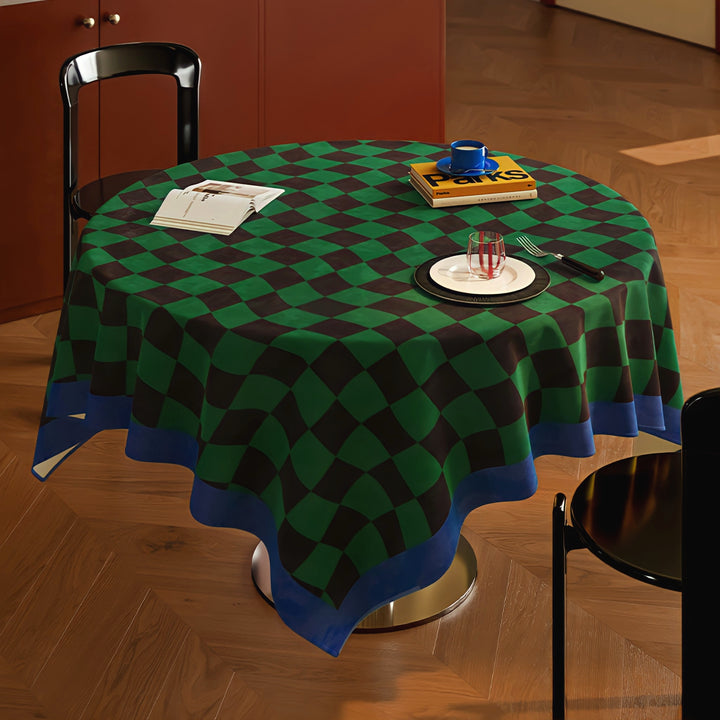ウェーブブロックチェックテーブルクロス　ブルー