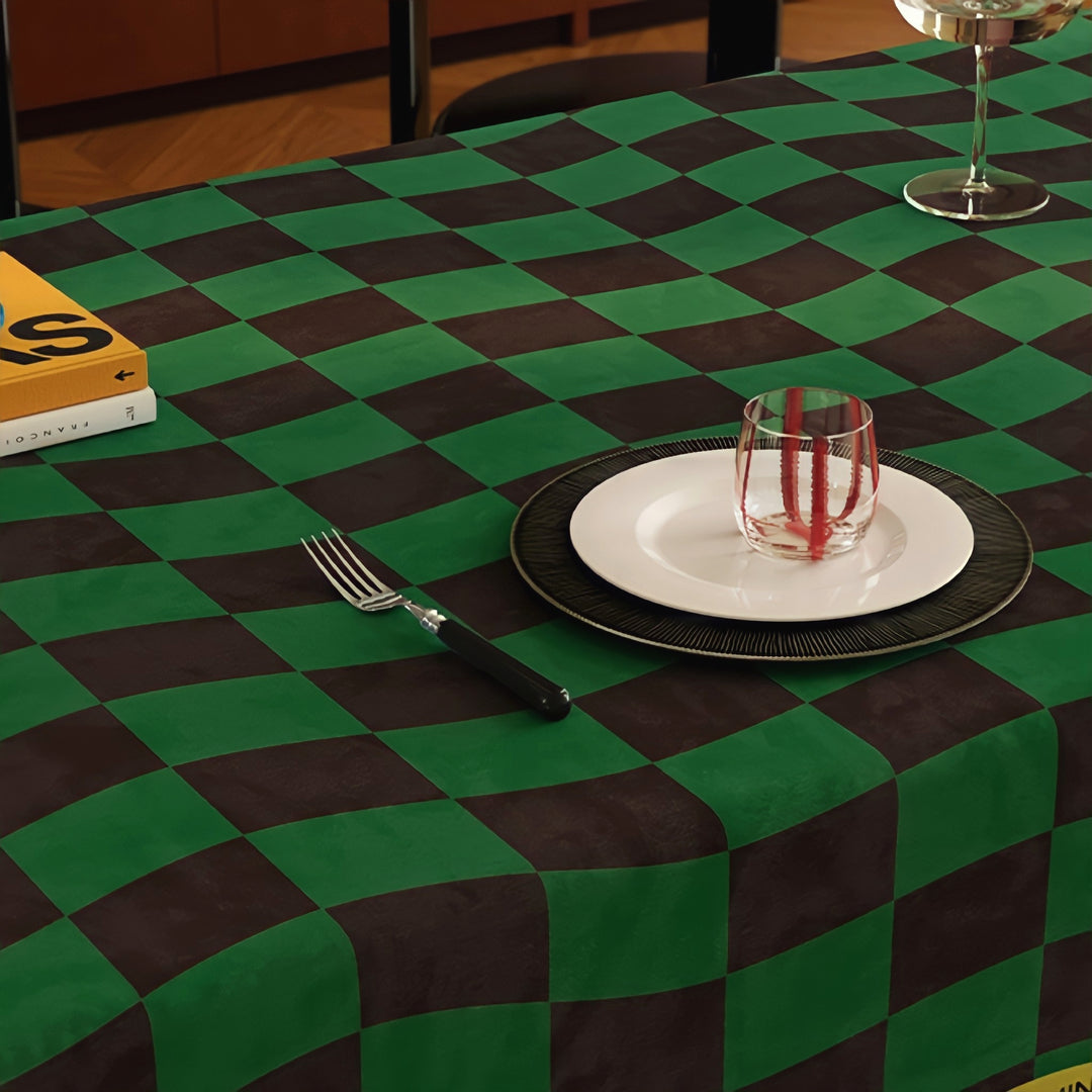 ウェーブブロックチェックテーブルクロス　ブルー