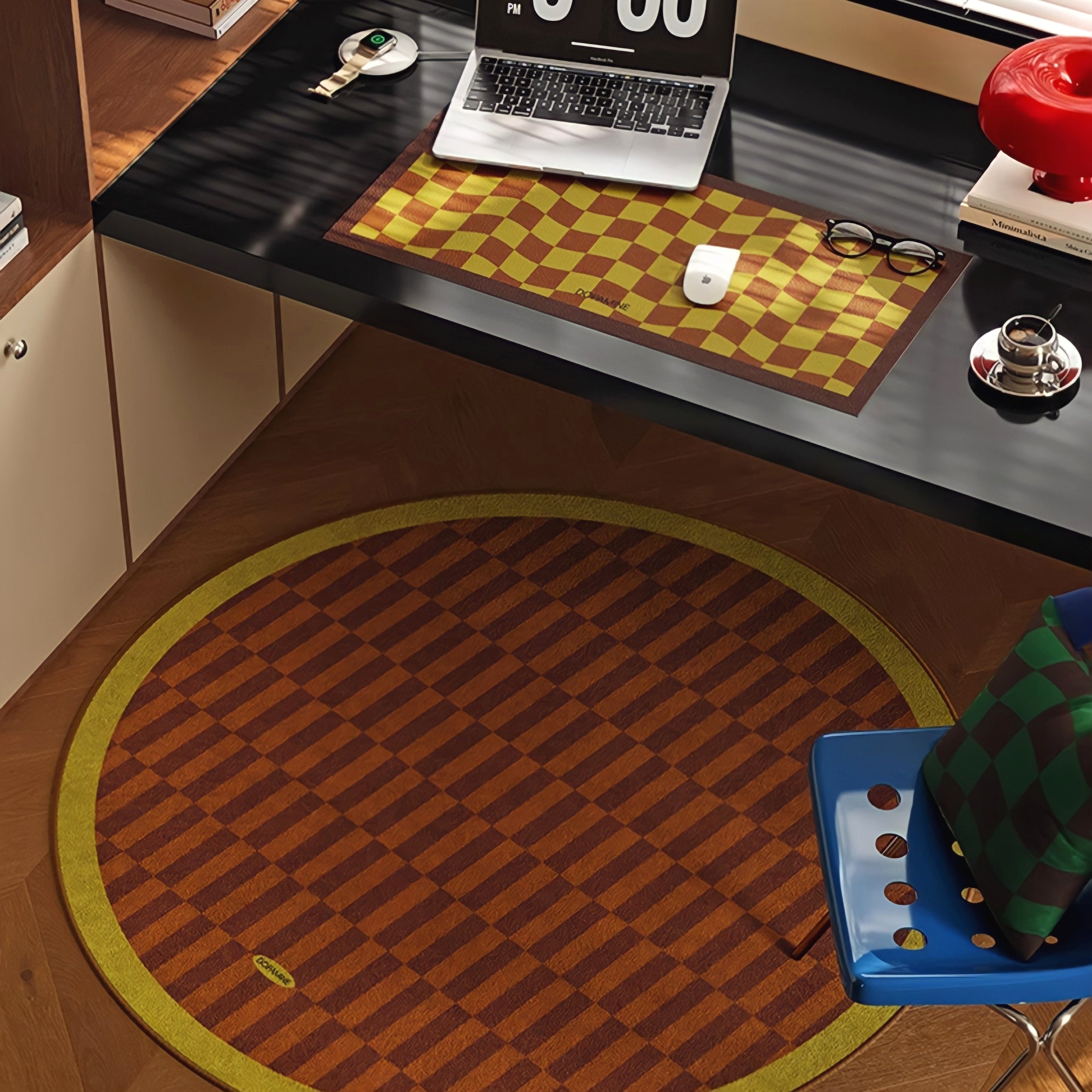 Round 3-Color Rug Carpet Block Check Yellow