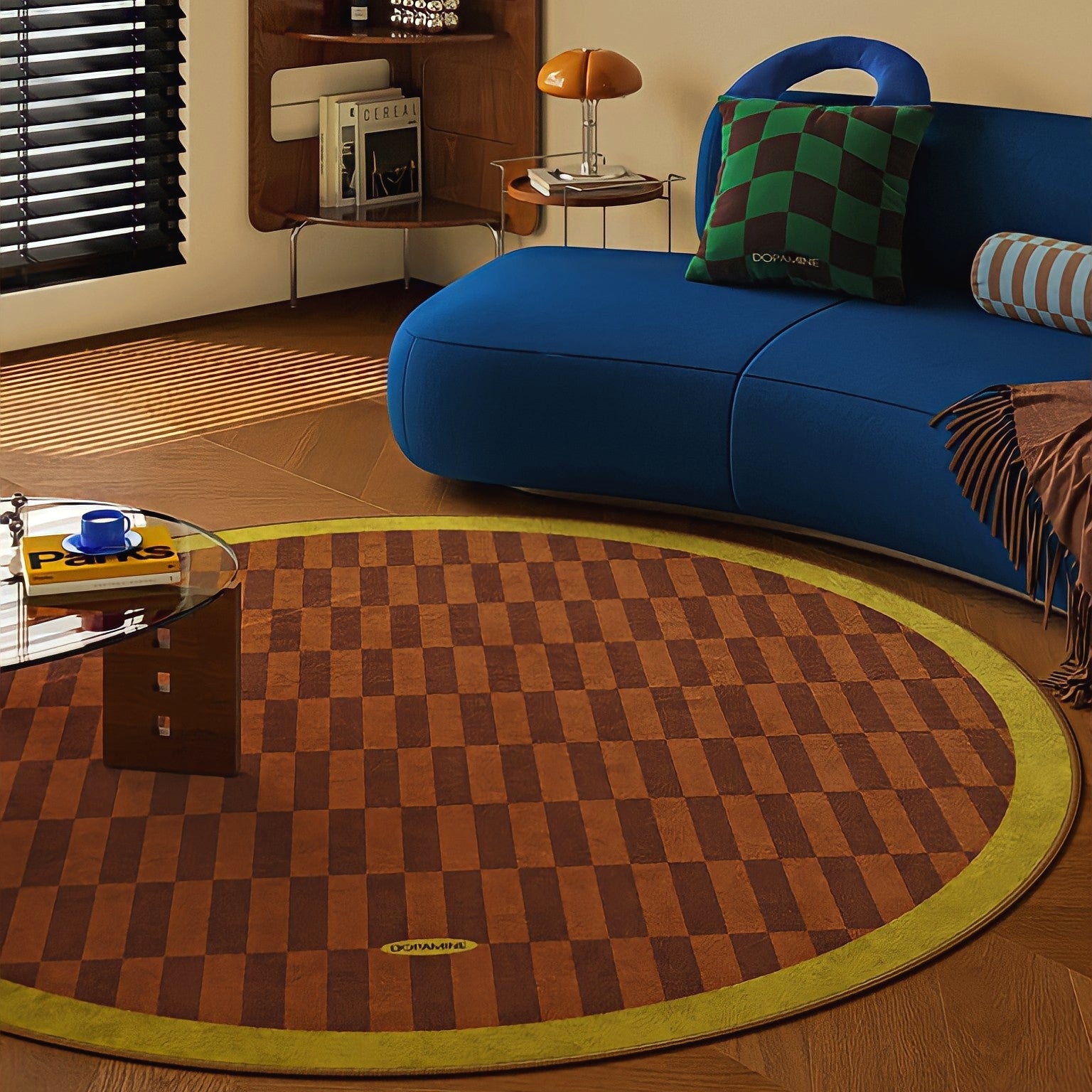 Round 3-Color Rug Carpet Block Check Yellow