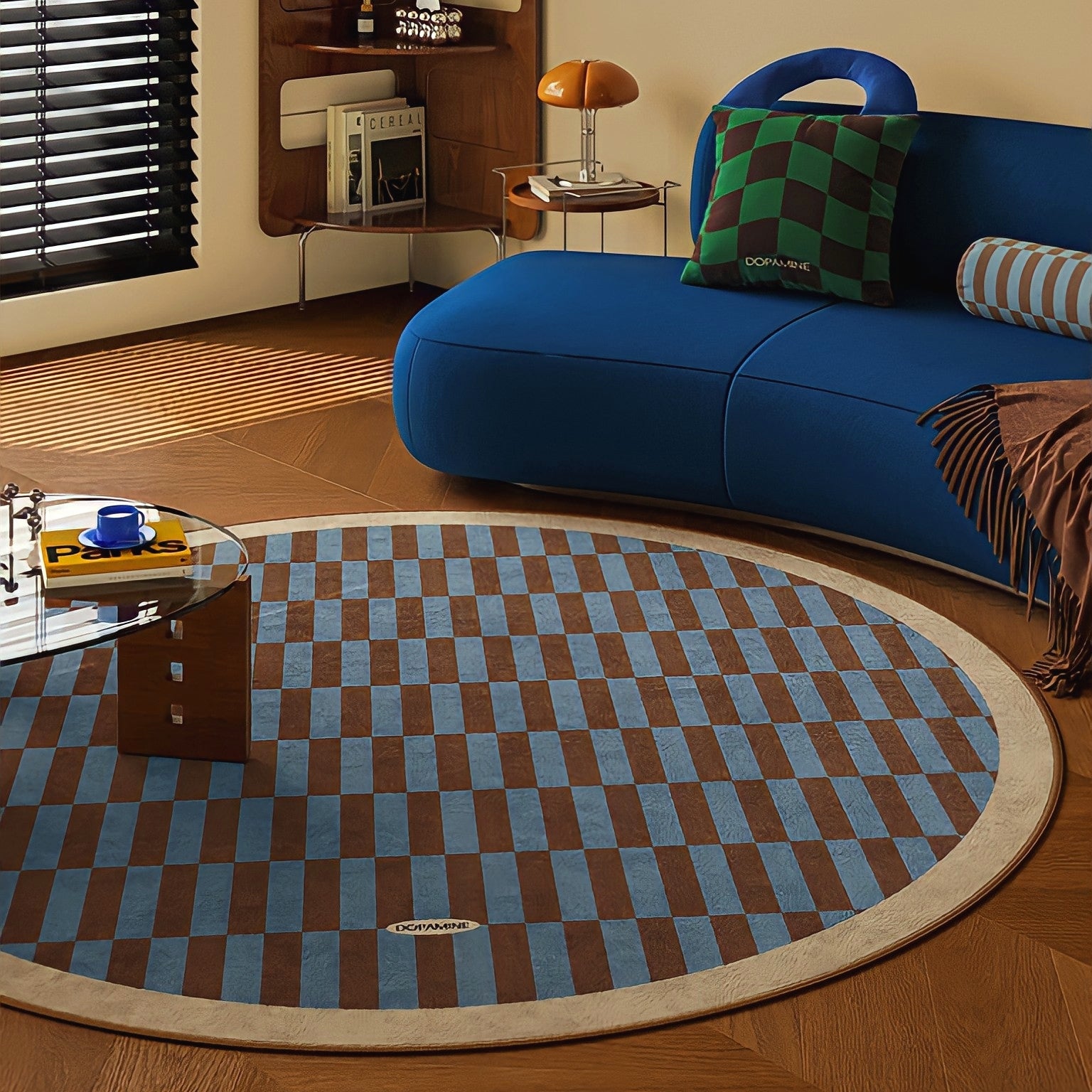 Round 3-Color Rug Carpet Block Check Ivory