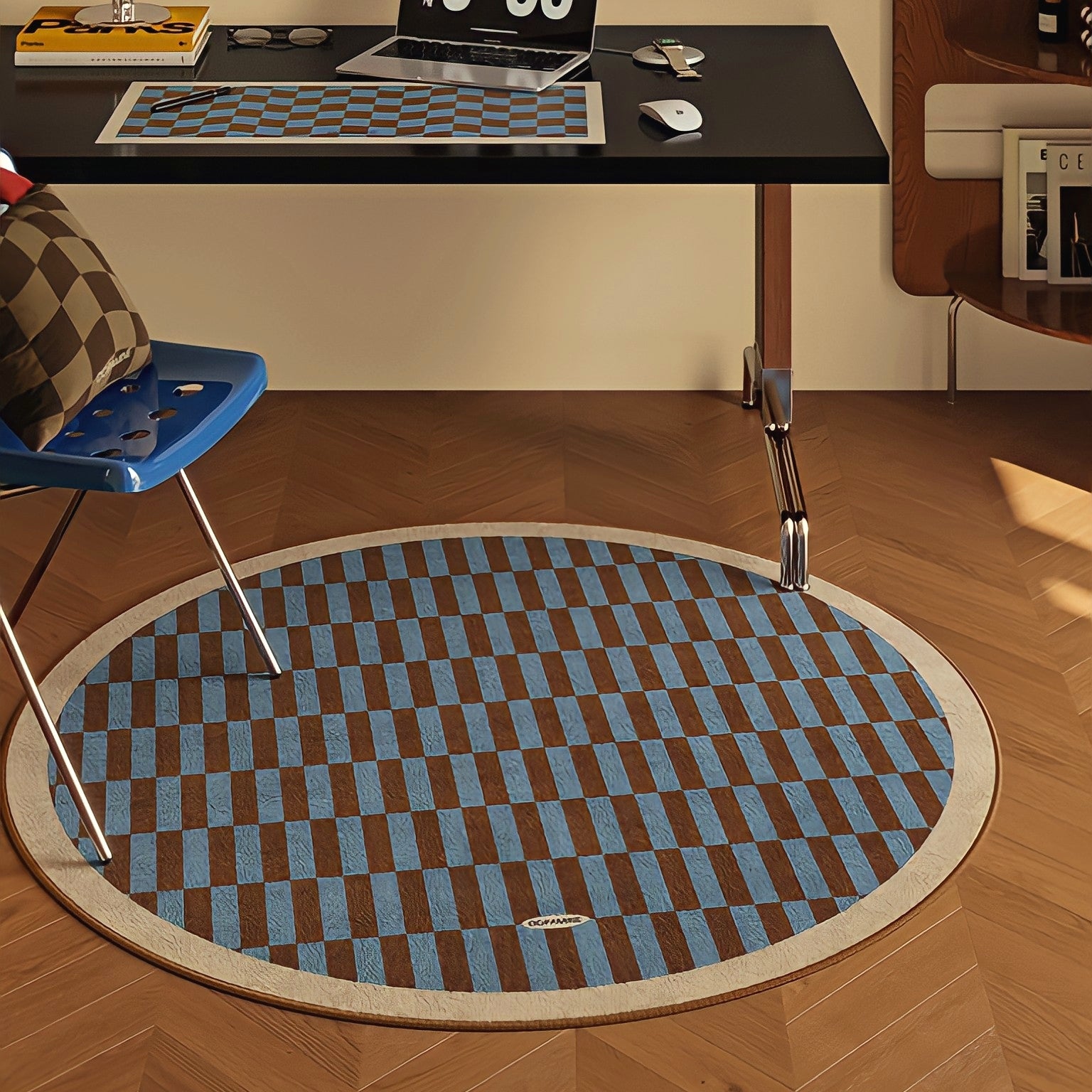 Round 3-Color Rug Carpet Block Check Ivory