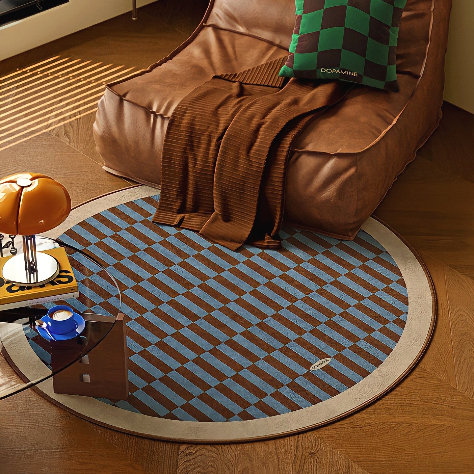 Round 3-Color Rug Carpet Block Check Ivory