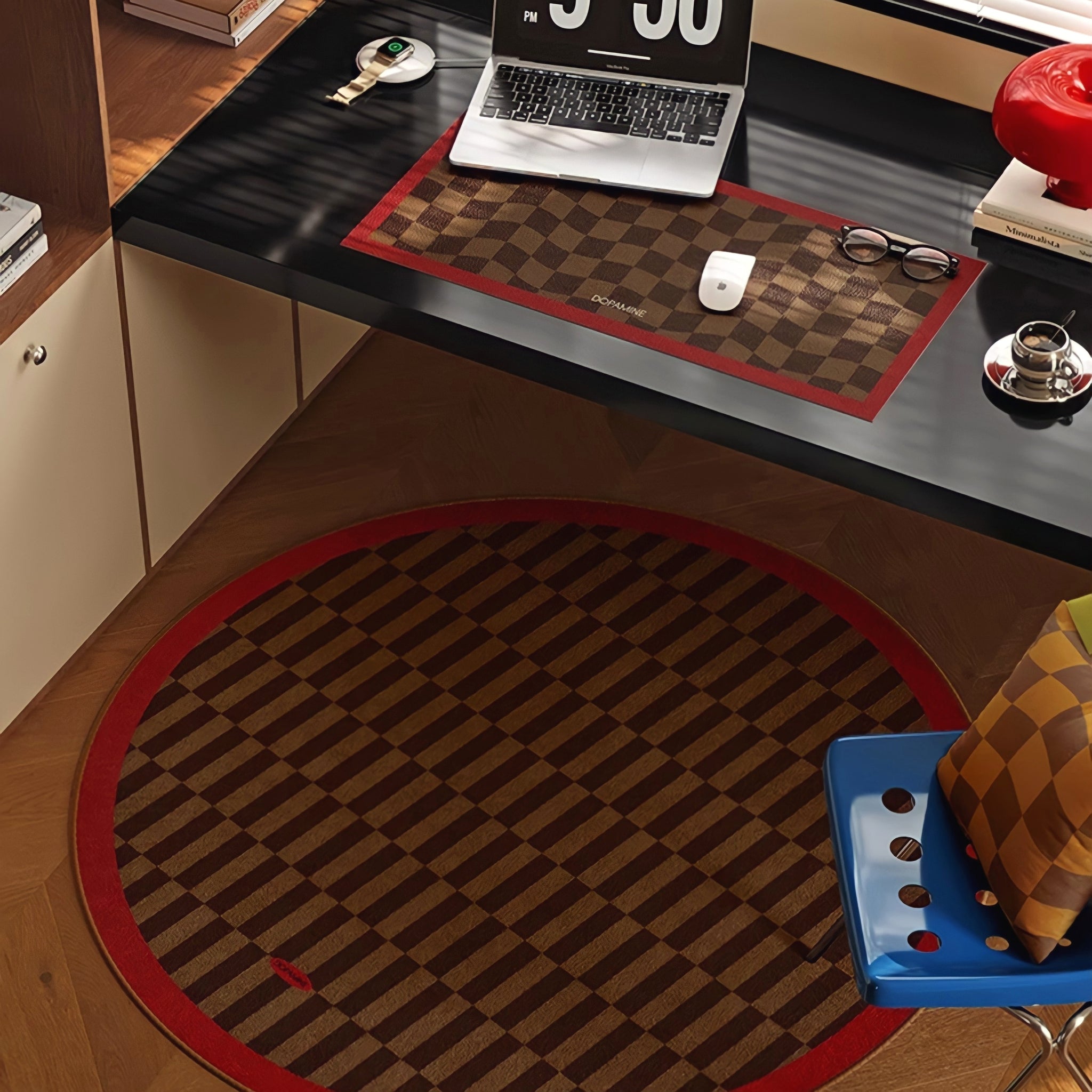 Round 3-Color Rug Carpet Block Check Red