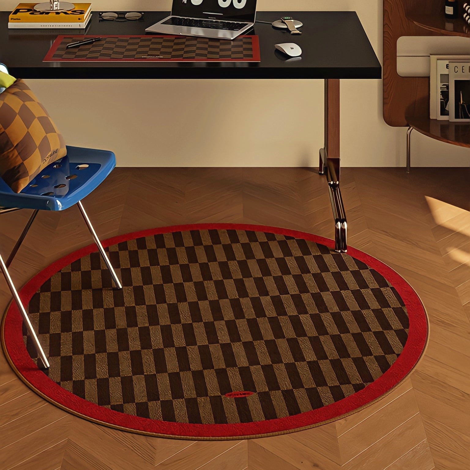 Round 3-Color Rug Carpet Block Check Red