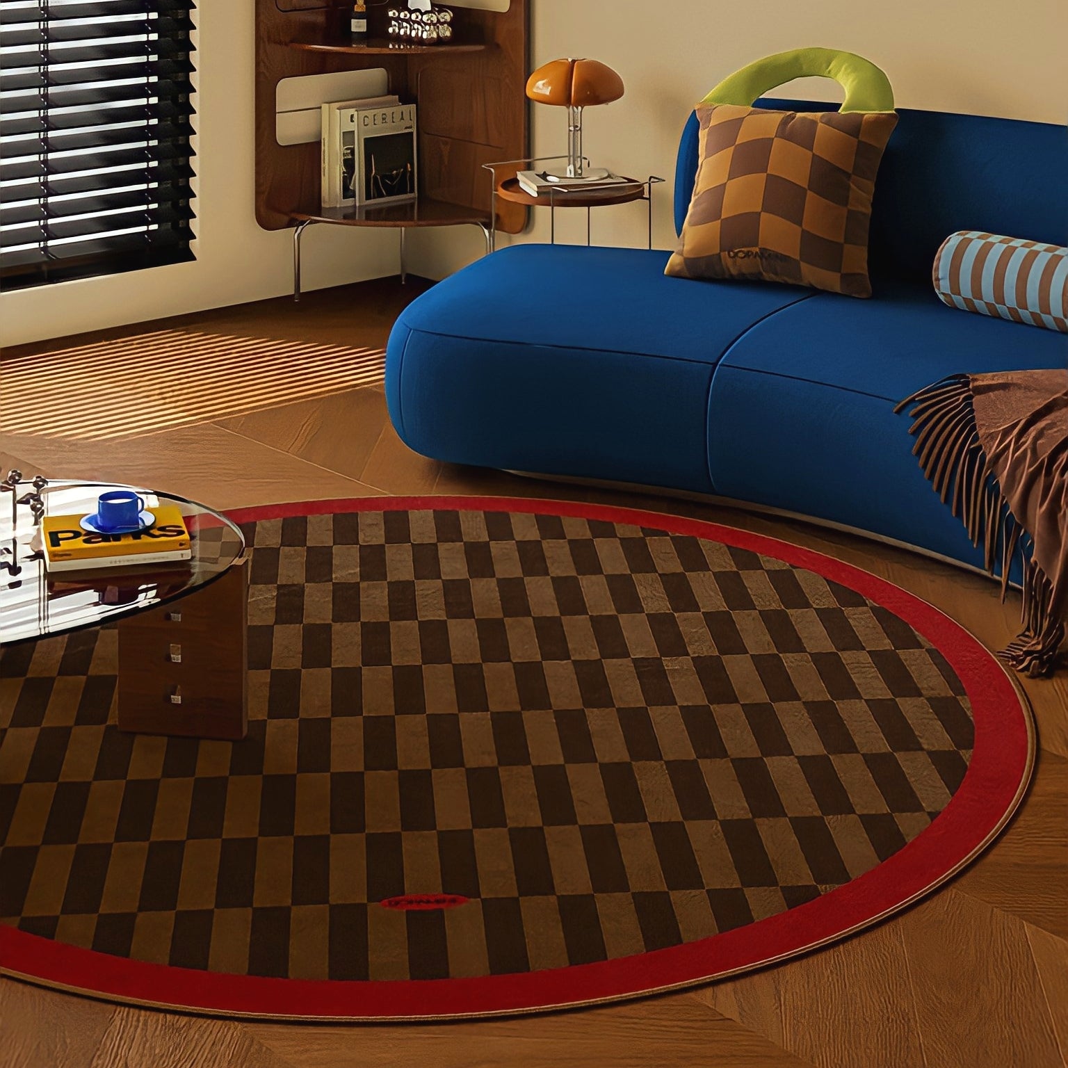 Round 3-Color Rug Carpet Block Check Red