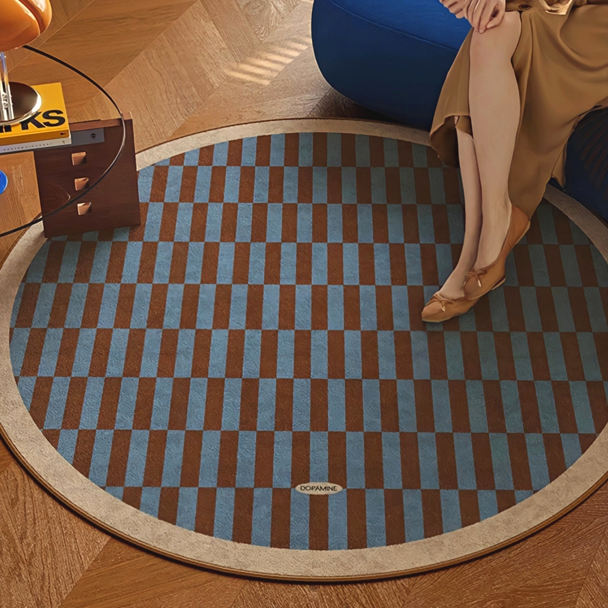 Round 3-Color Rug Carpet Block Check Ivory