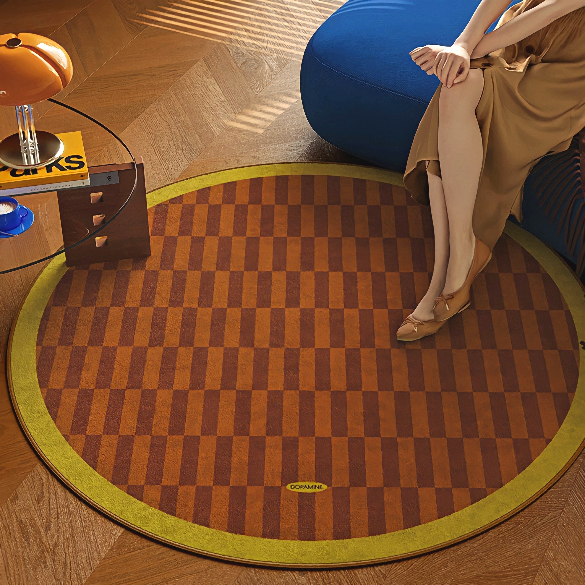 Round 3-Color Rug Carpet Block Check Yellow