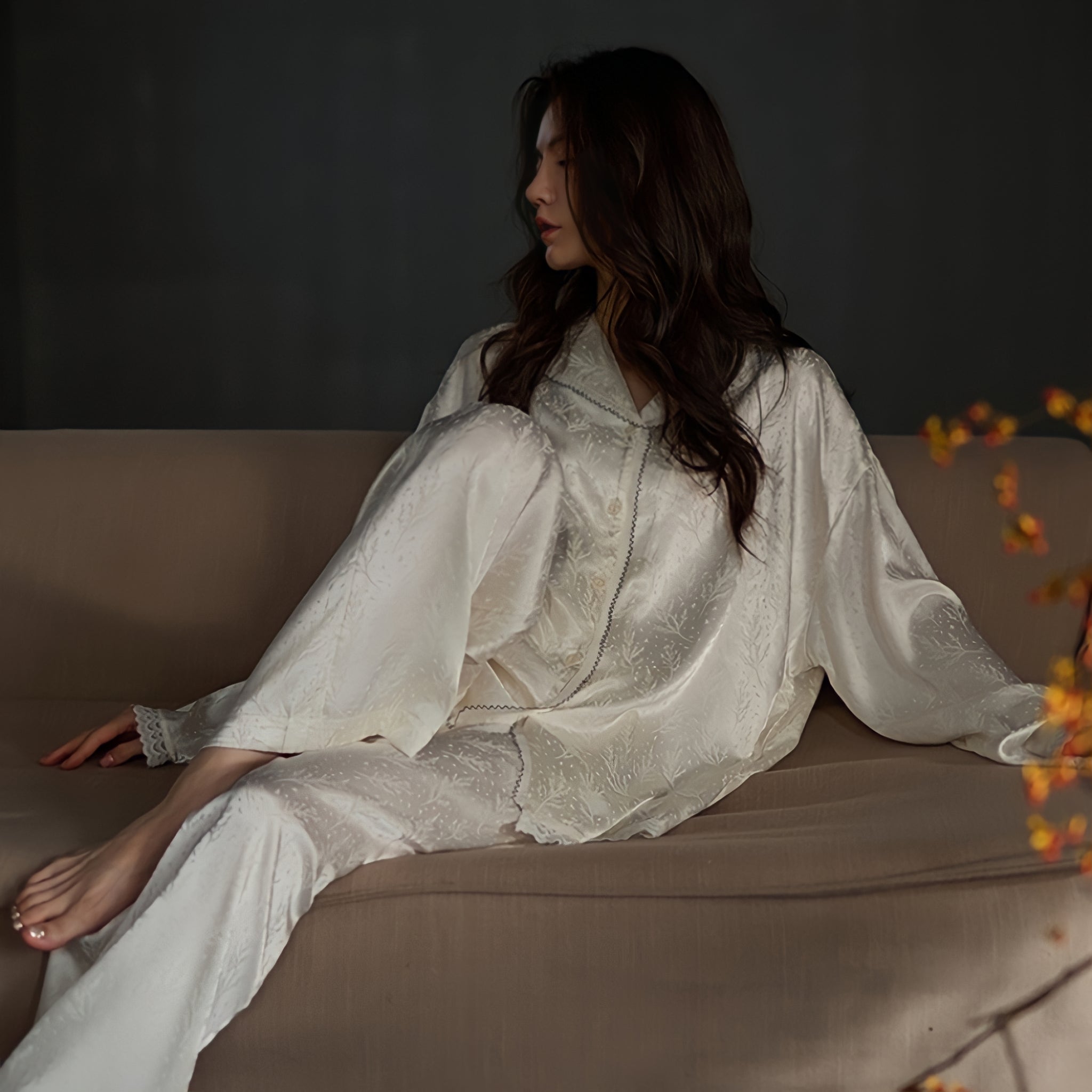 Leaf print ice silk pajamas