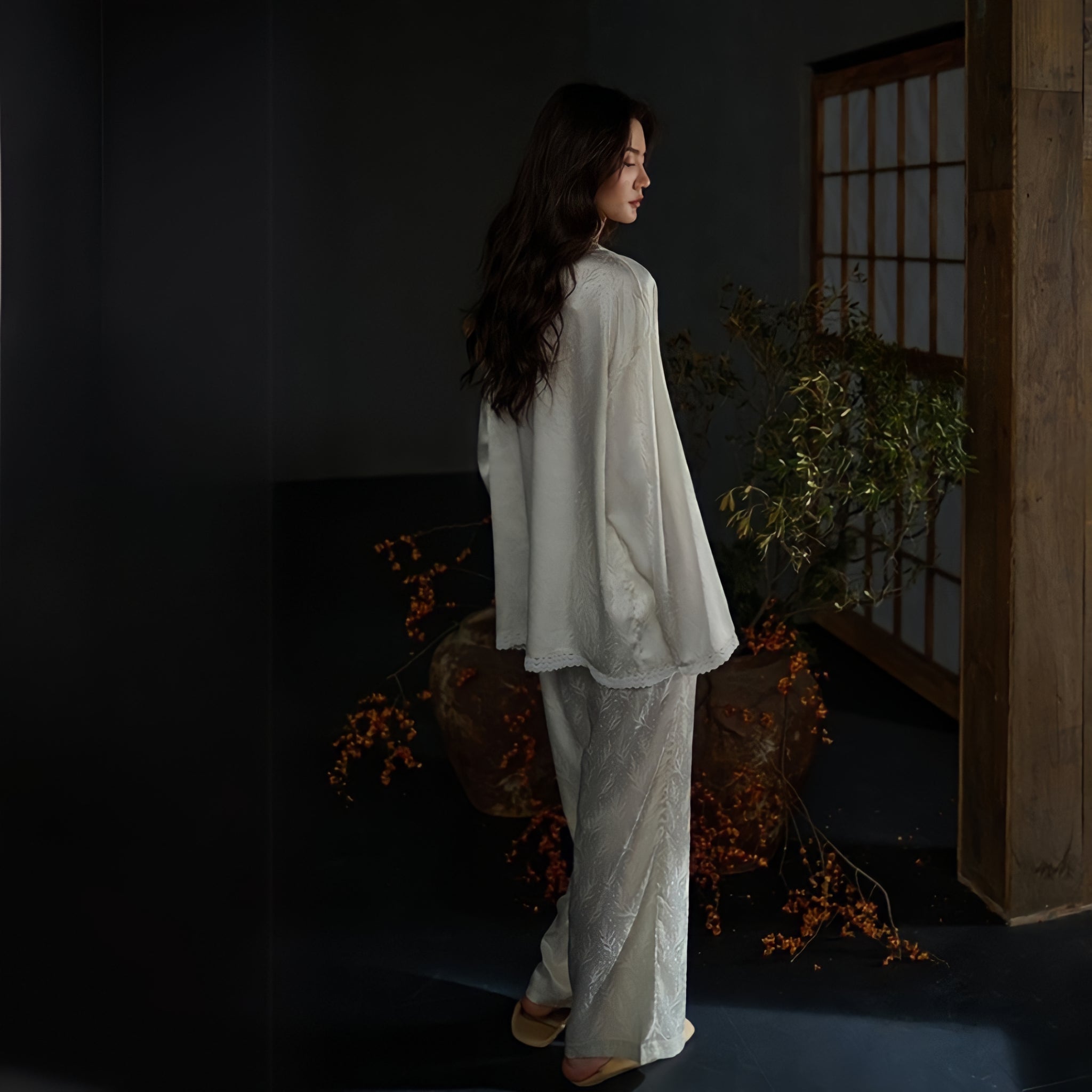 Leaf print ice silk pajamas