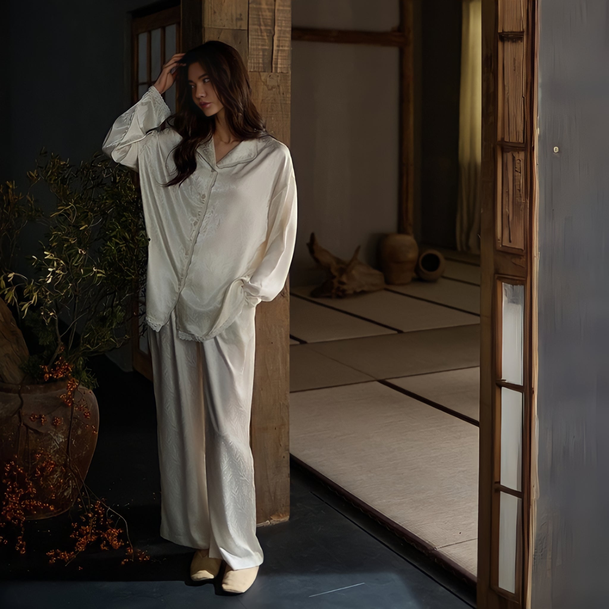 Leaf print ice silk pajamas