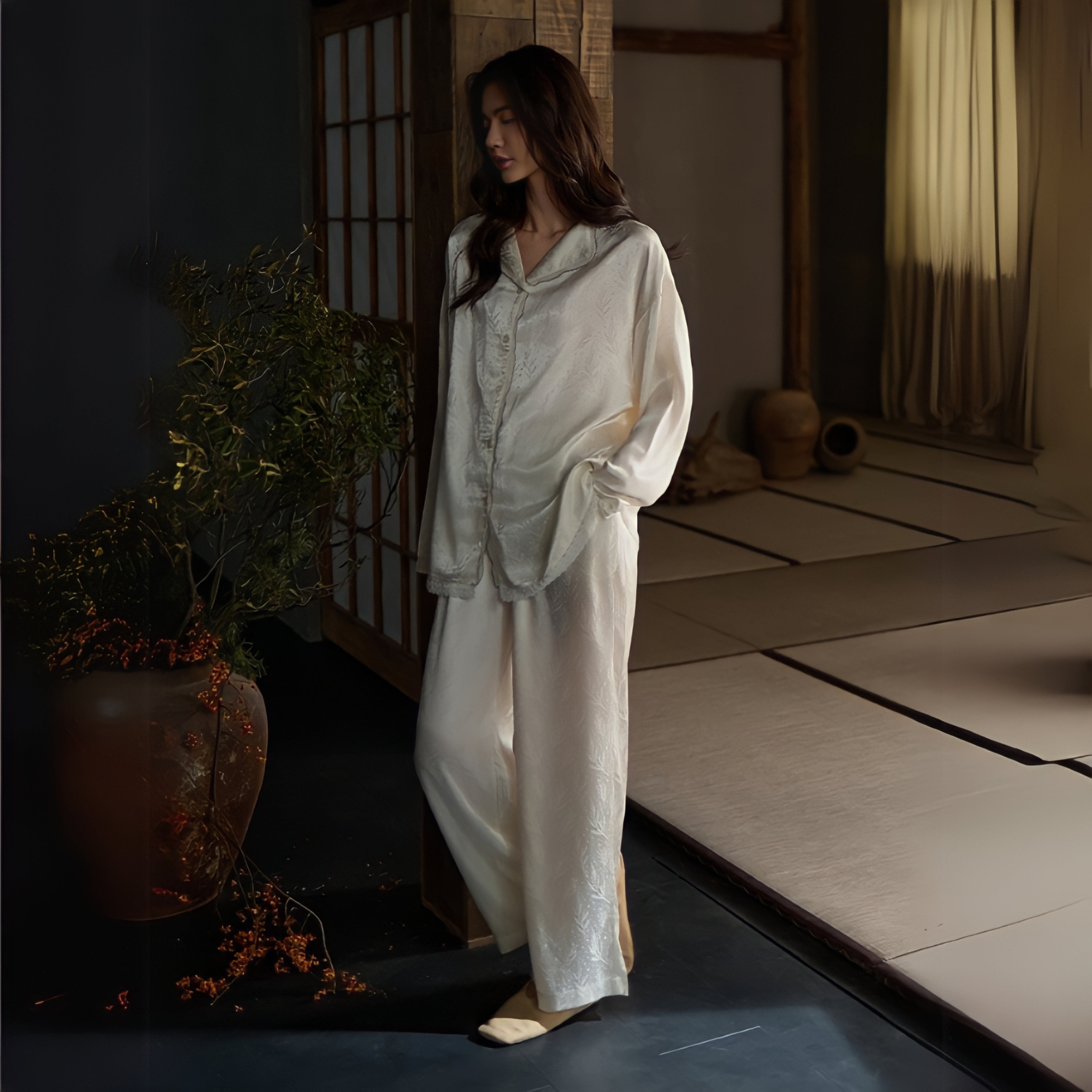 Leaf print ice silk pajamas