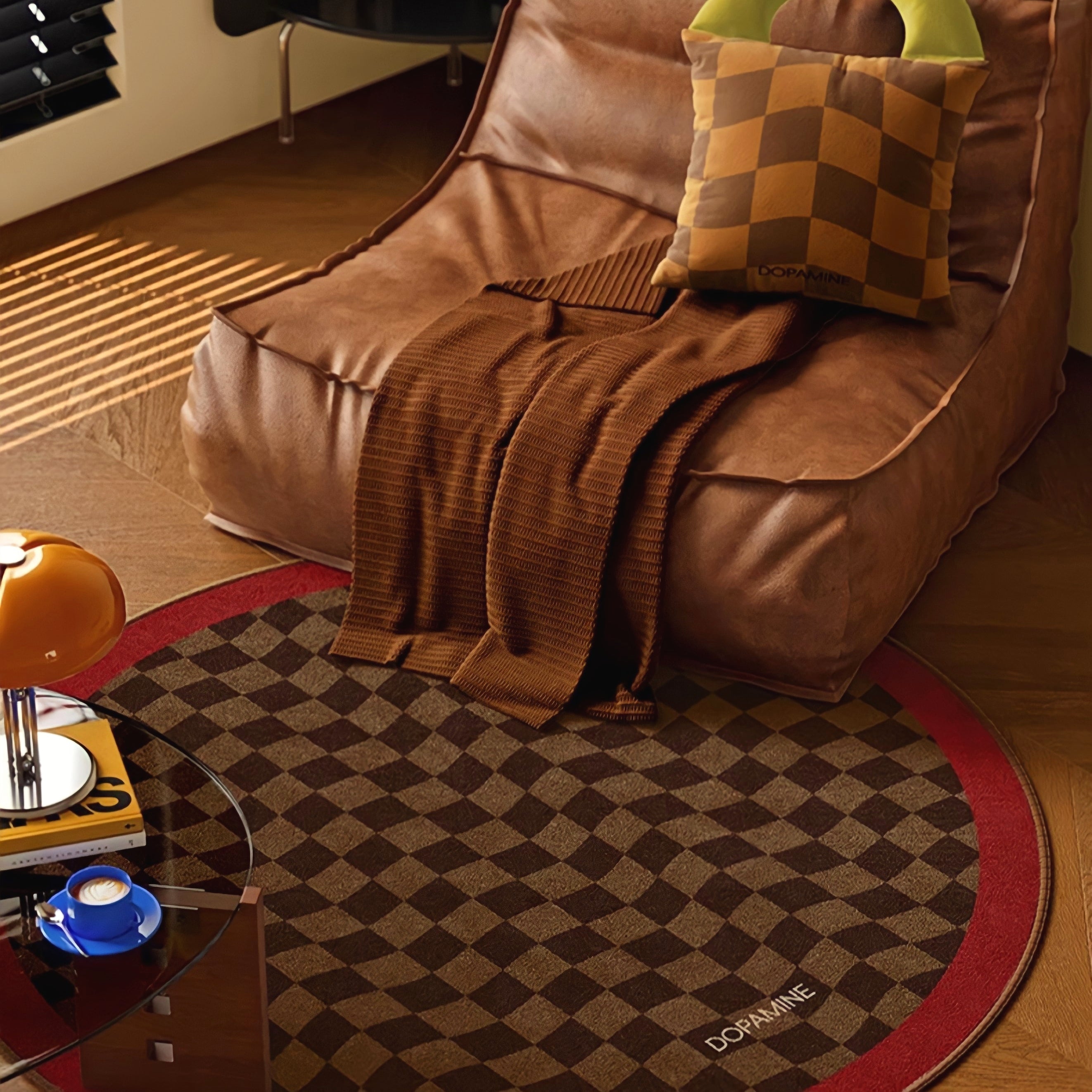 Round 3-Color Rug Carpet, Wave Block Check, Red