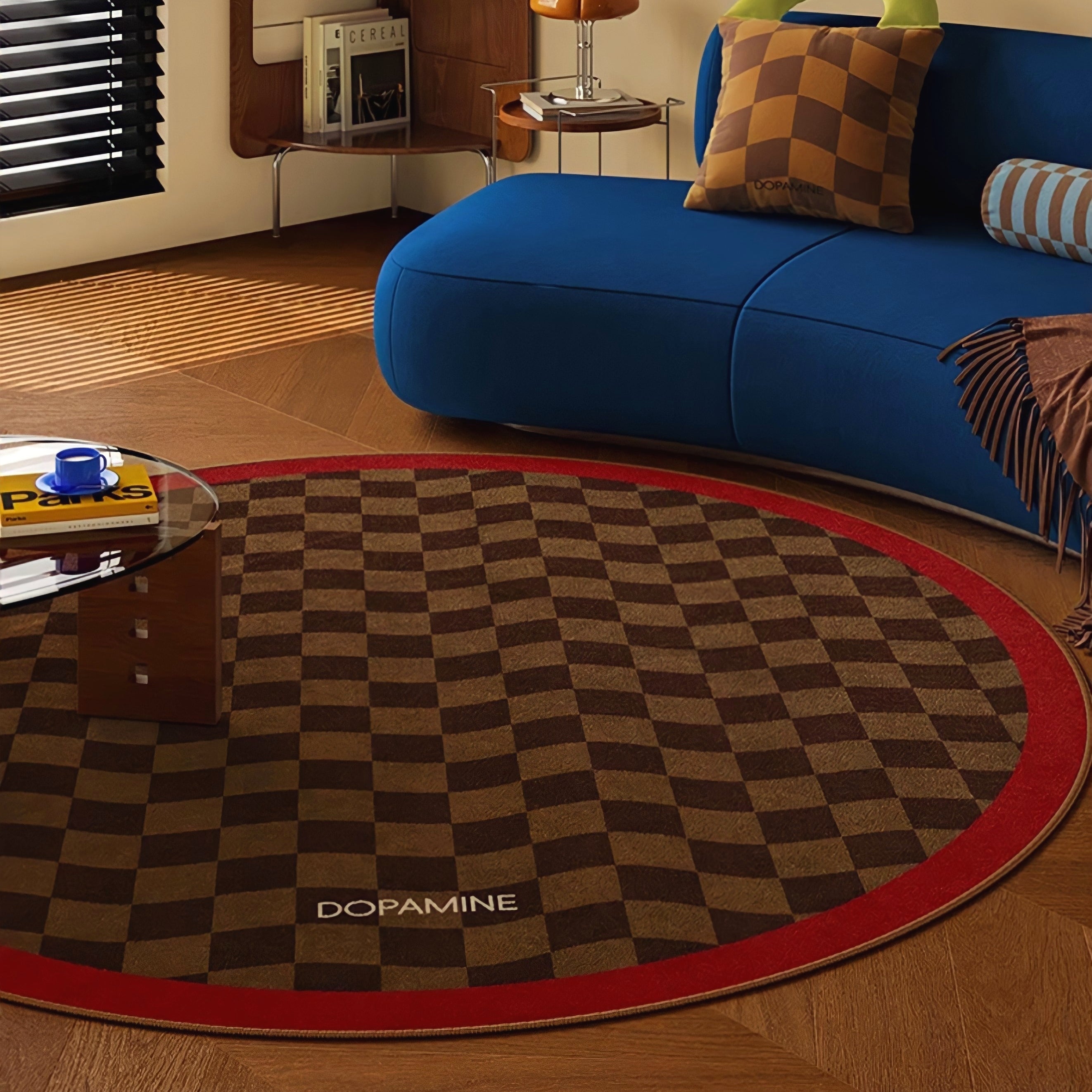 Round 3-Color Rug Carpet, Wave Block Check, Red