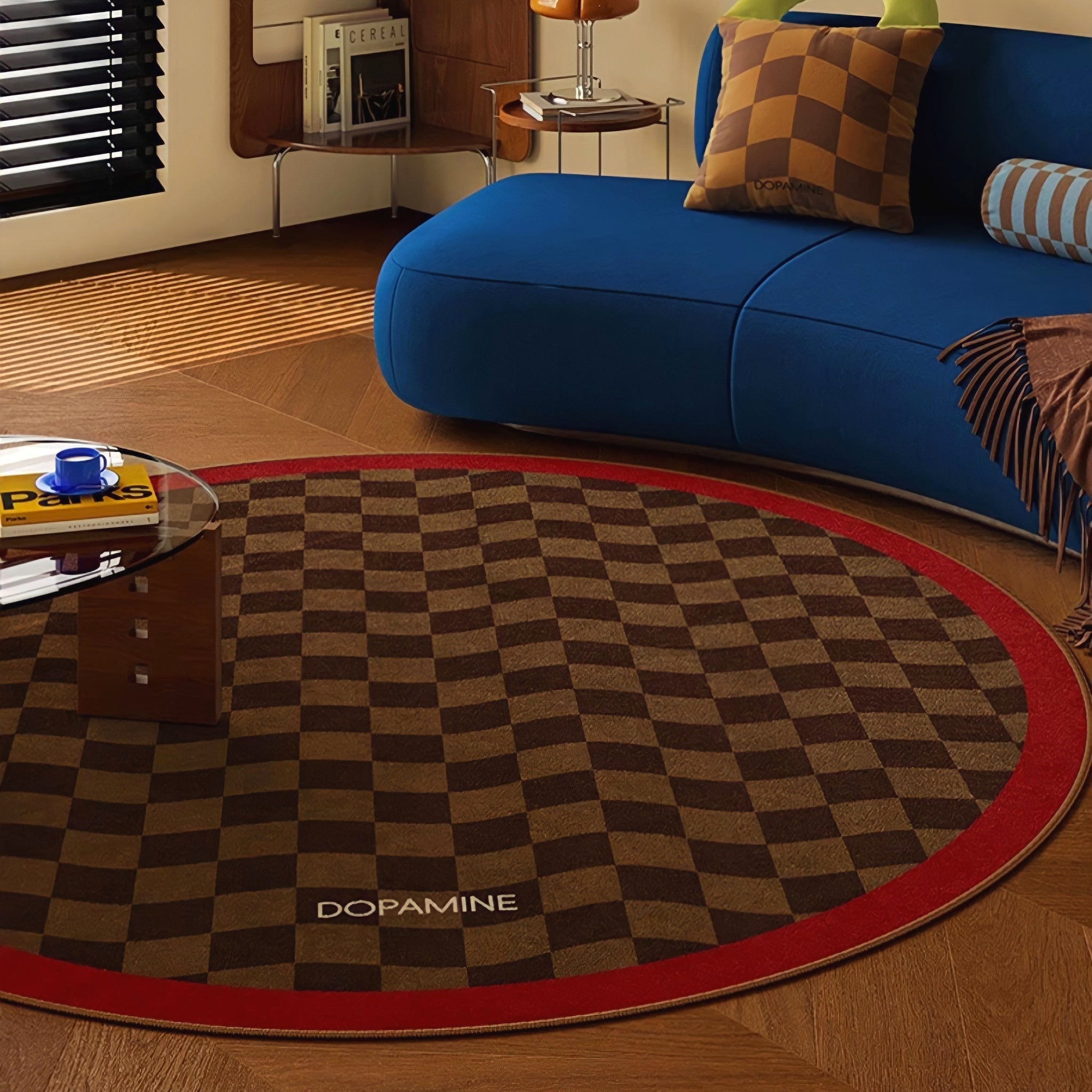 Round 3-Color Rug Carpet, Wave Block Check, Red