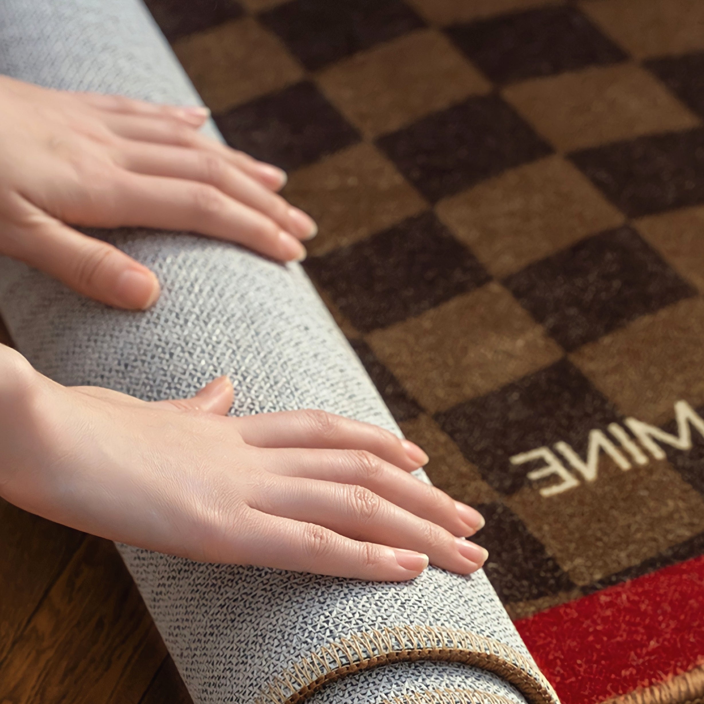 Round 3-Color Rug Carpet, Wave Block Check, Beige