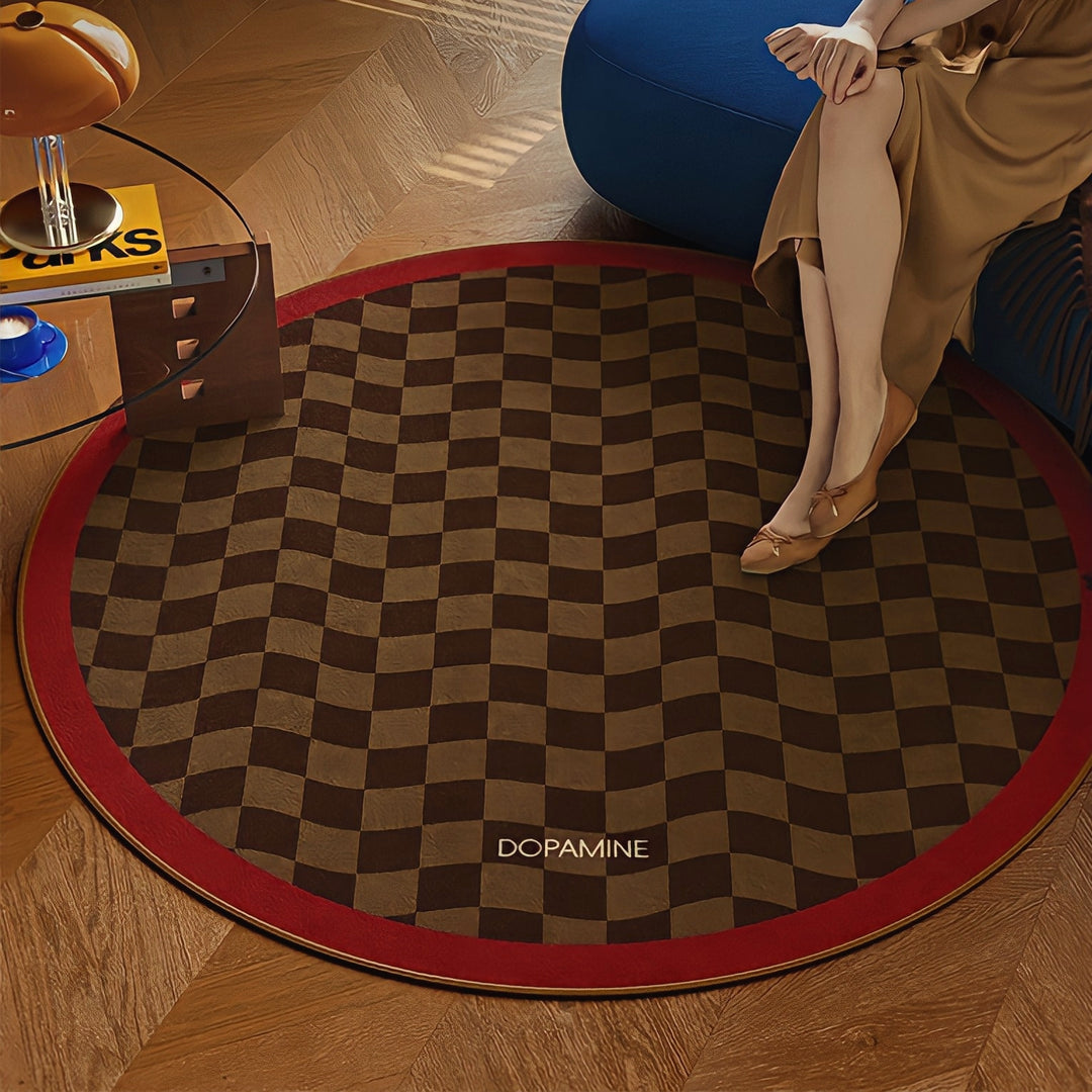 ラウンド3カラーラグカーペット ウェーブブロックチェック　レッド