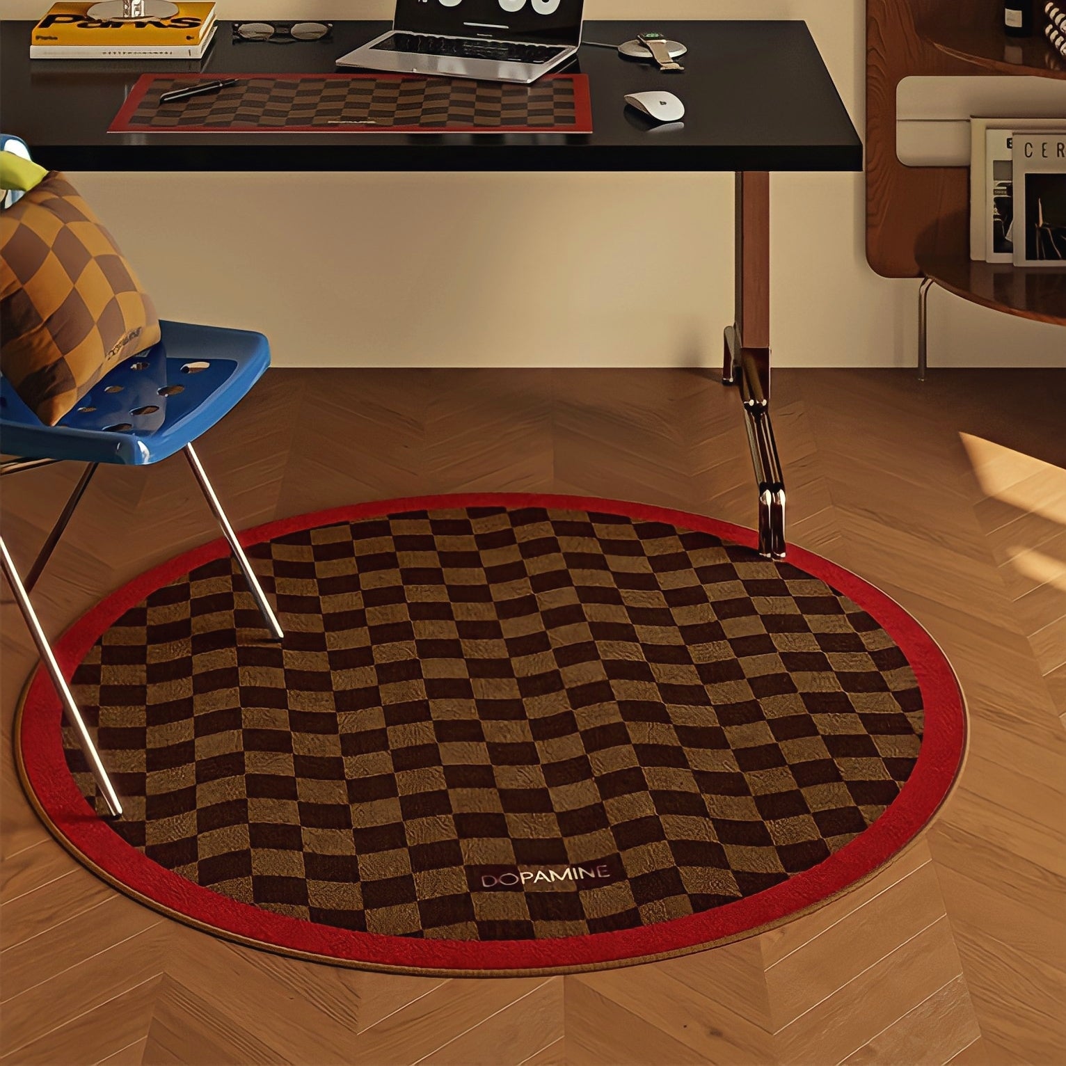 Round 3-Color Rug Carpet, Wave Block Check, Red