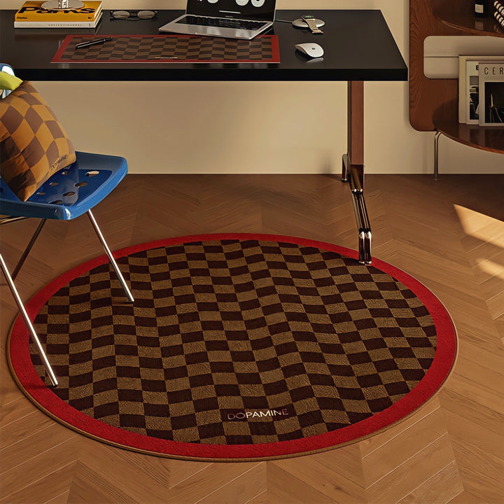 ラウンド3カラーラグカーペット ウェーブブロックチェック　レッド