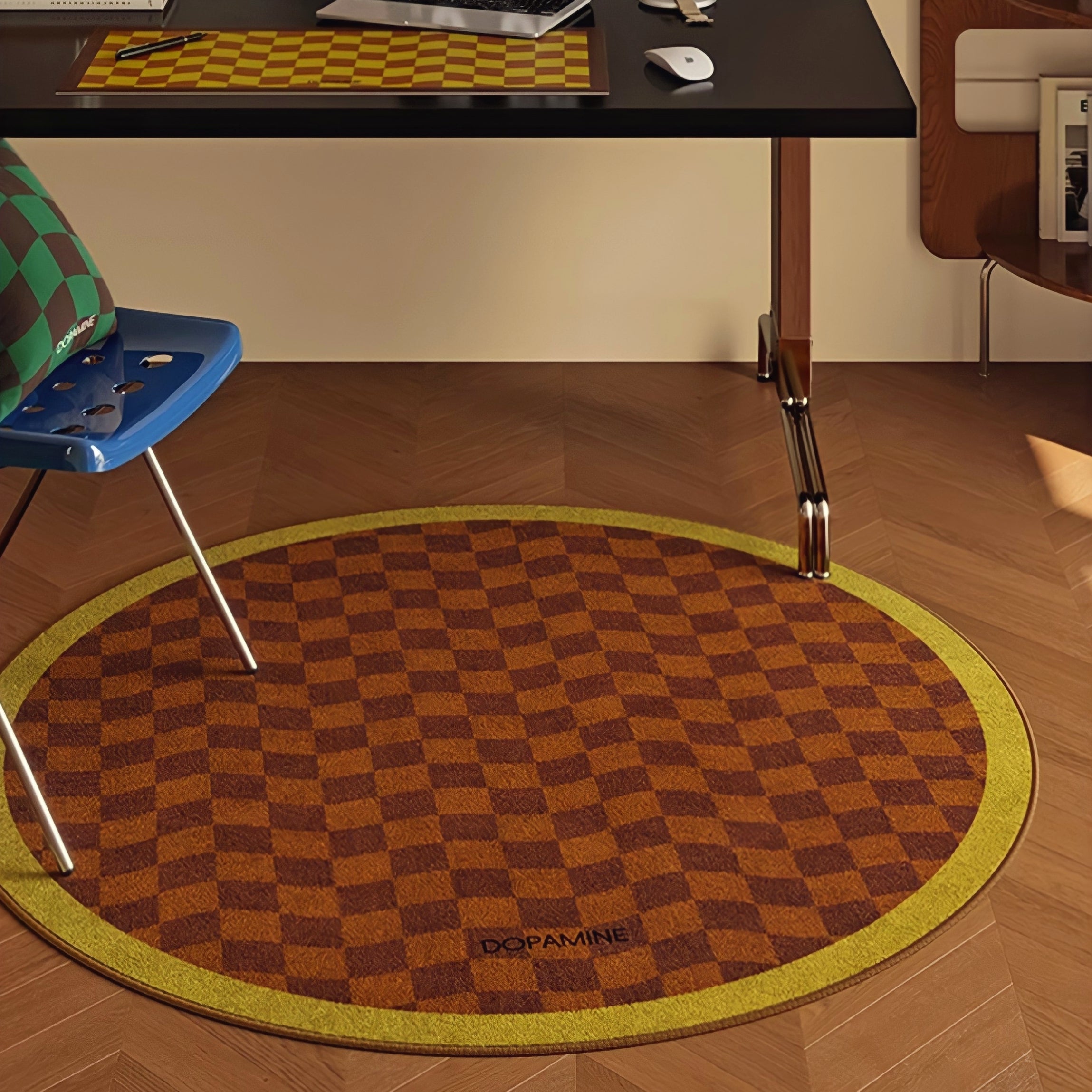 Round 3-Color Rug Carpet Wave Block Check Yellow