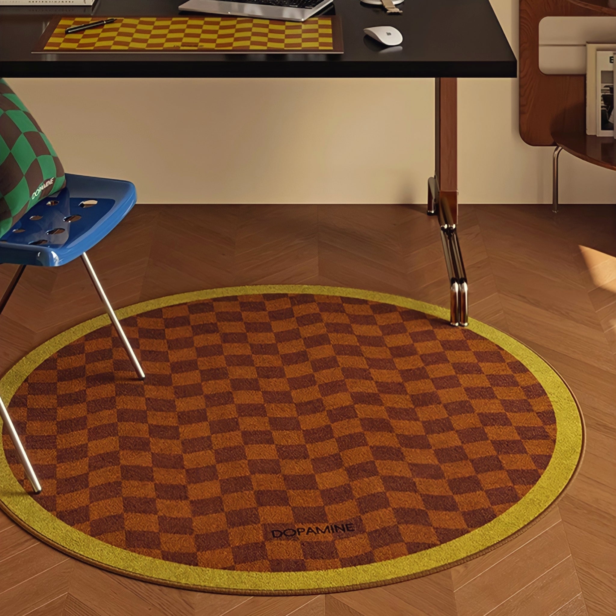 Round 3-Color Rug Carpet Wave Block Check Yellow