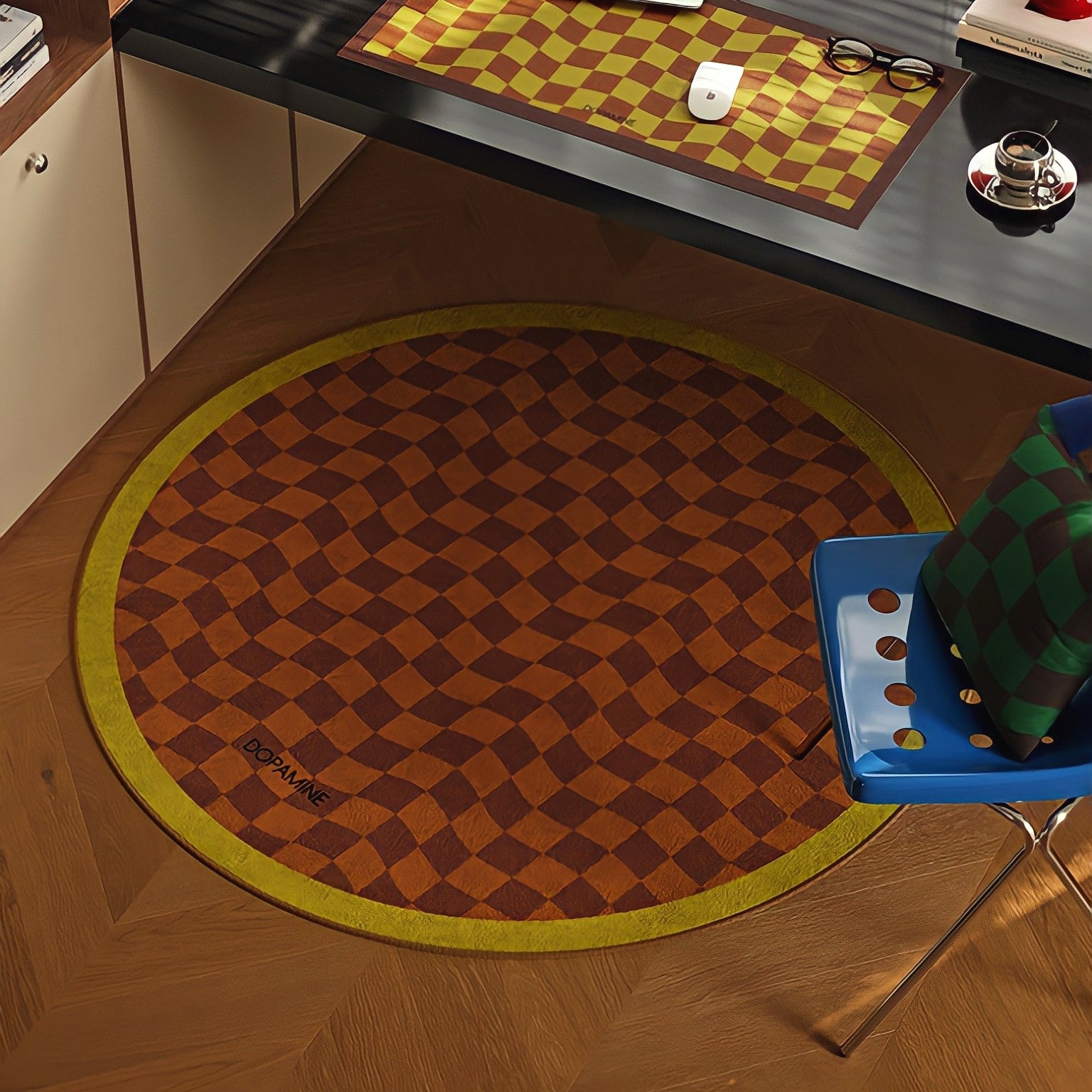 Round 3-Color Rug Carpet Wave Block Check Yellow