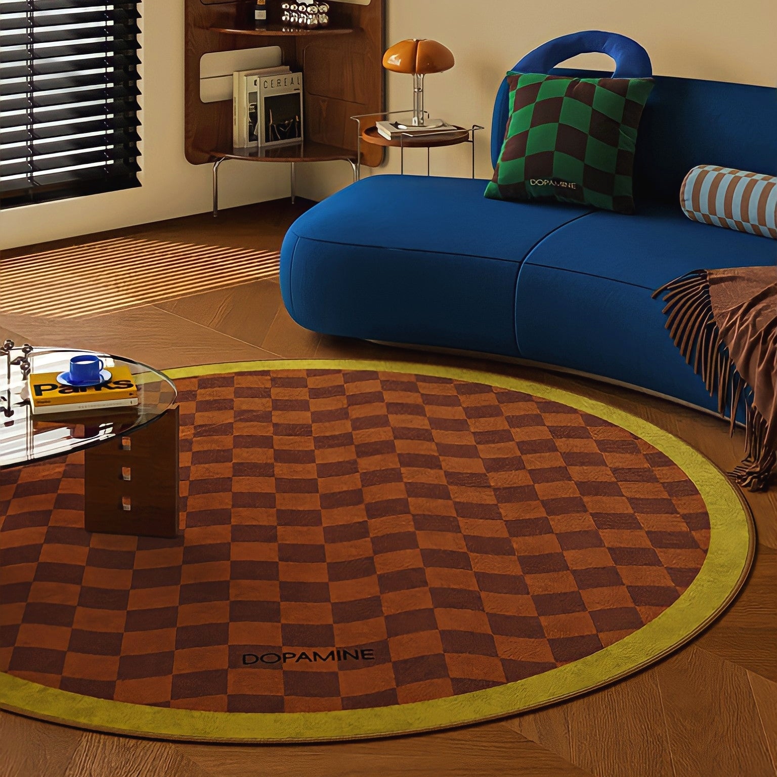 Round 3-Color Rug Carpet Wave Block Check Yellow