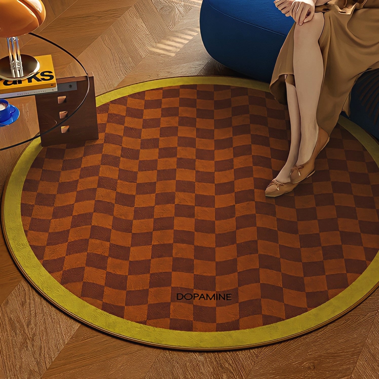 Round 3-Color Rug Carpet Wave Block Check Yellow