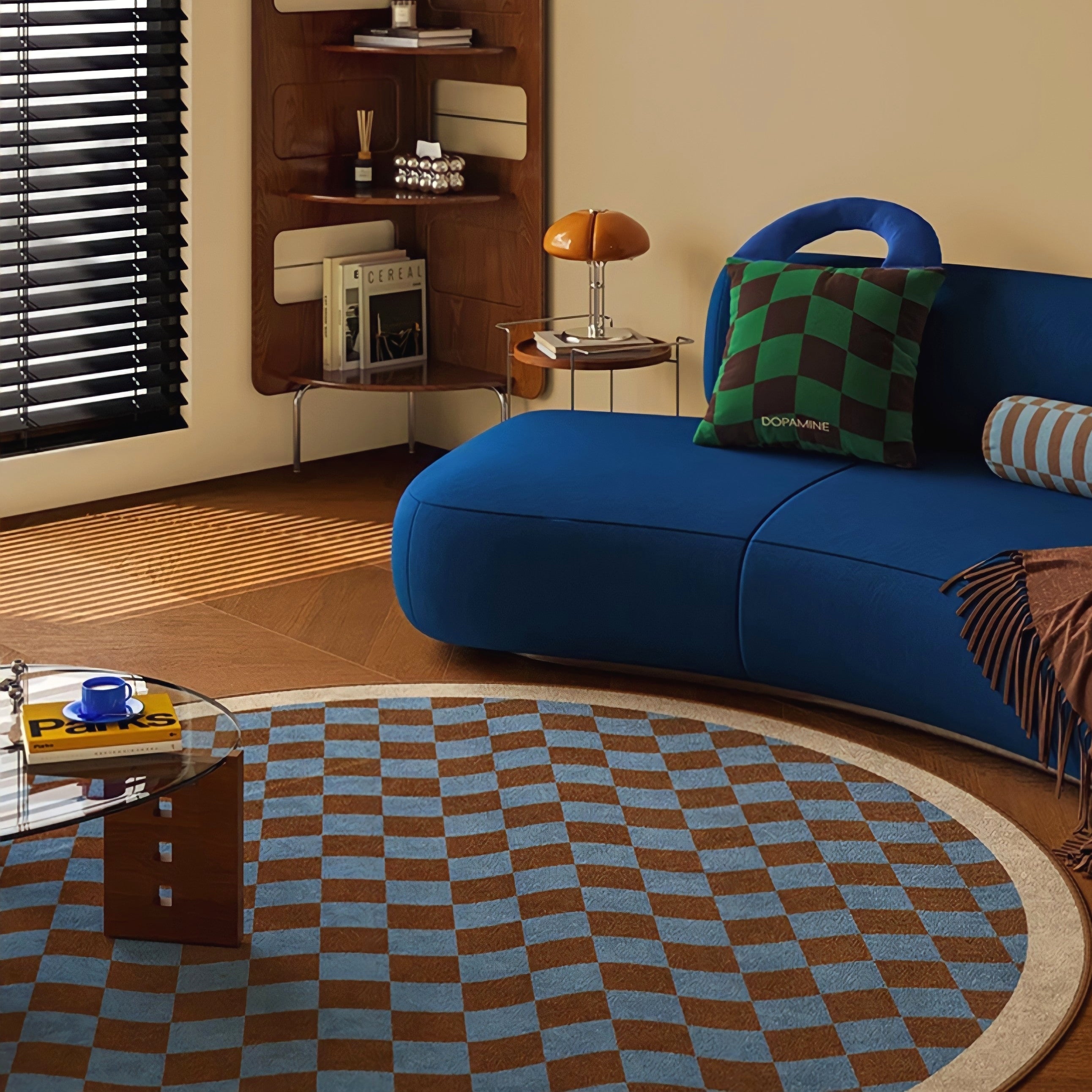 Round 3-Color Rug Carpet, Wave Block Check, Beige