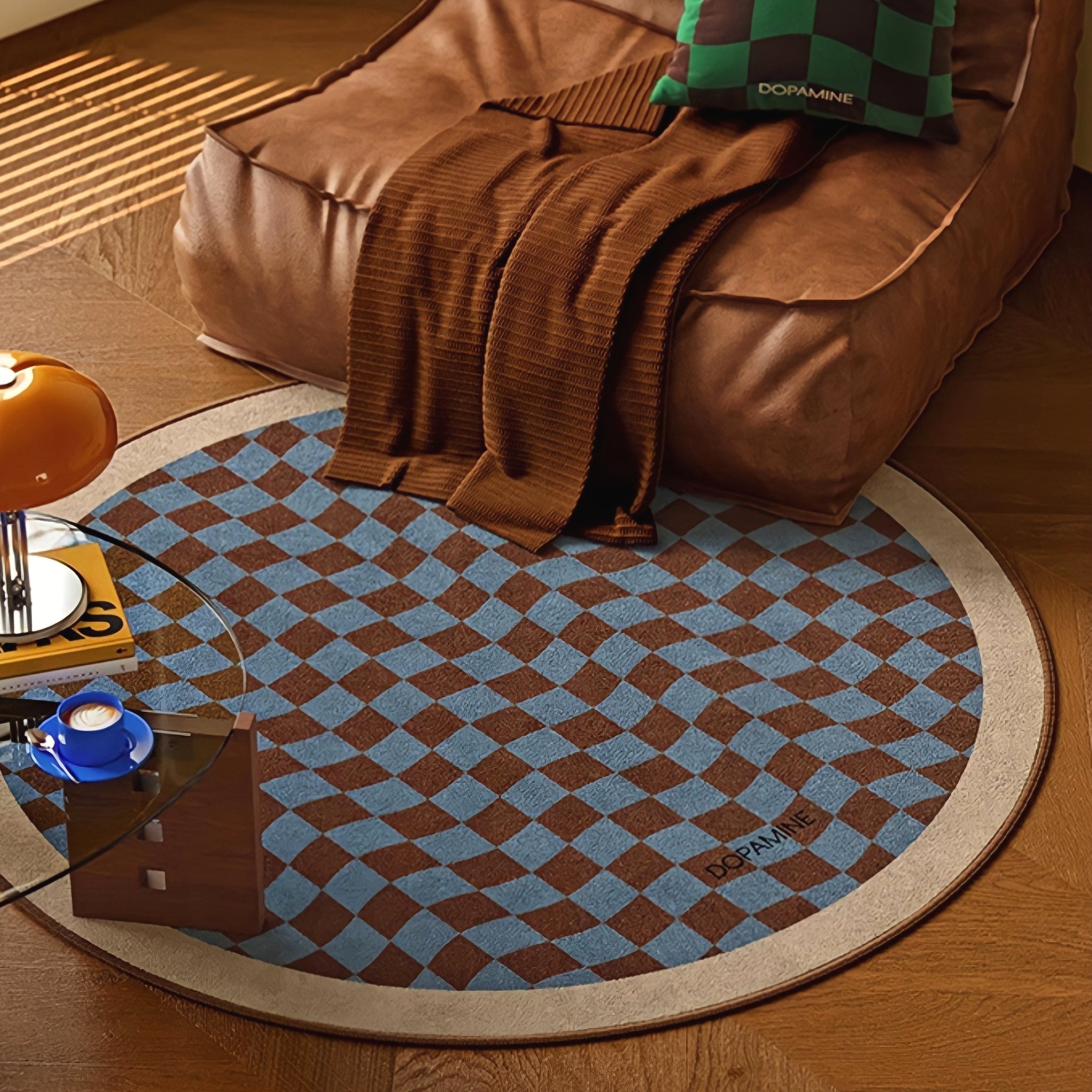 Round 3-Color Rug Carpet, Wave Block Check, Beige