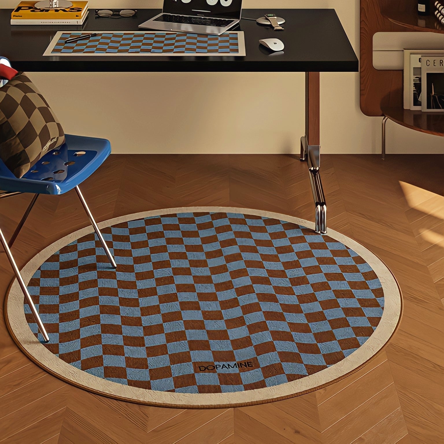 Round 3-Color Rug Carpet, Wave Block Check, Beige