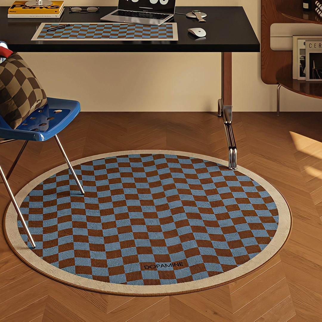 ラウンド3カラーラグカーペット ウェーブブロックチェック　ベージュ