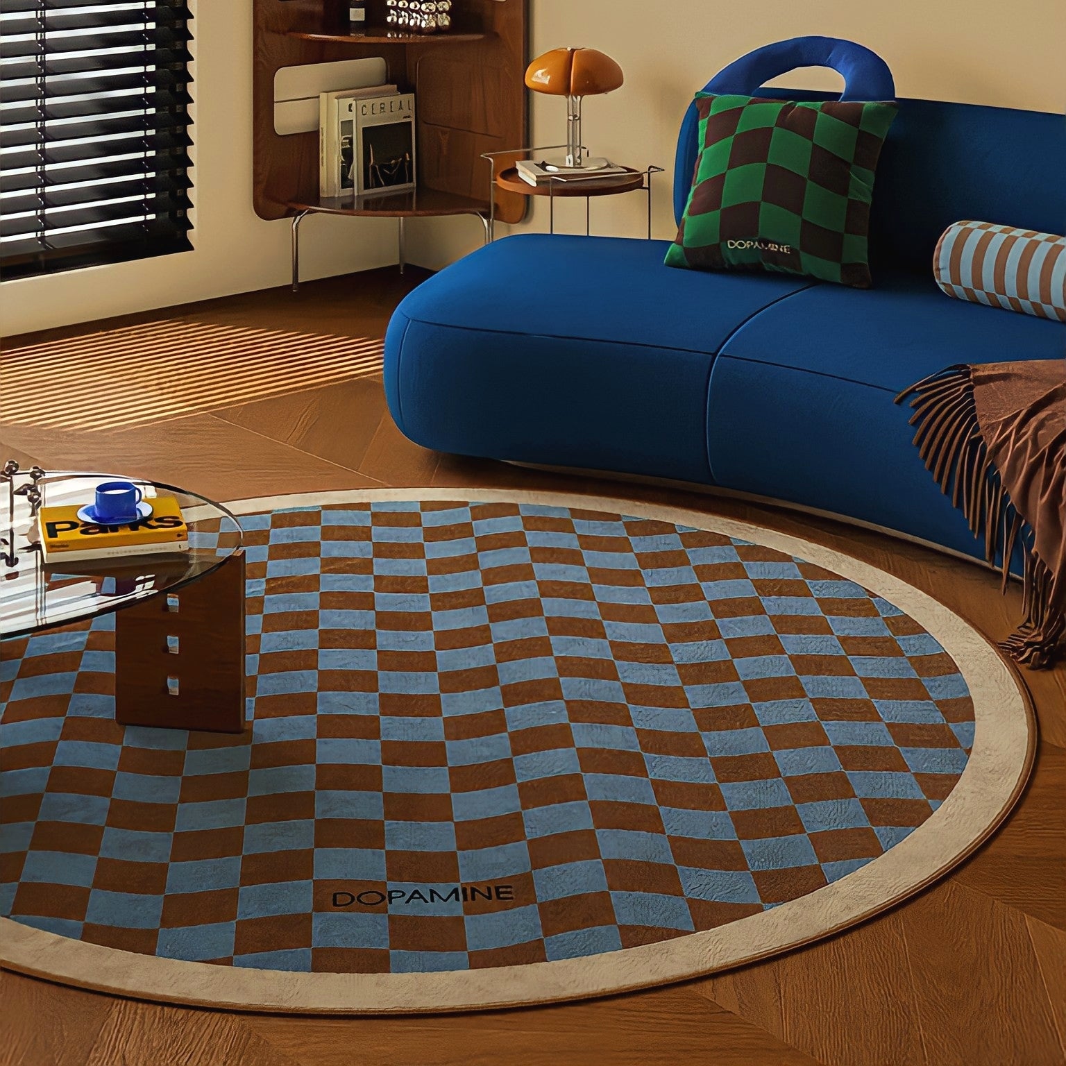 Round 3-Color Rug Carpet, Wave Block Check, Beige