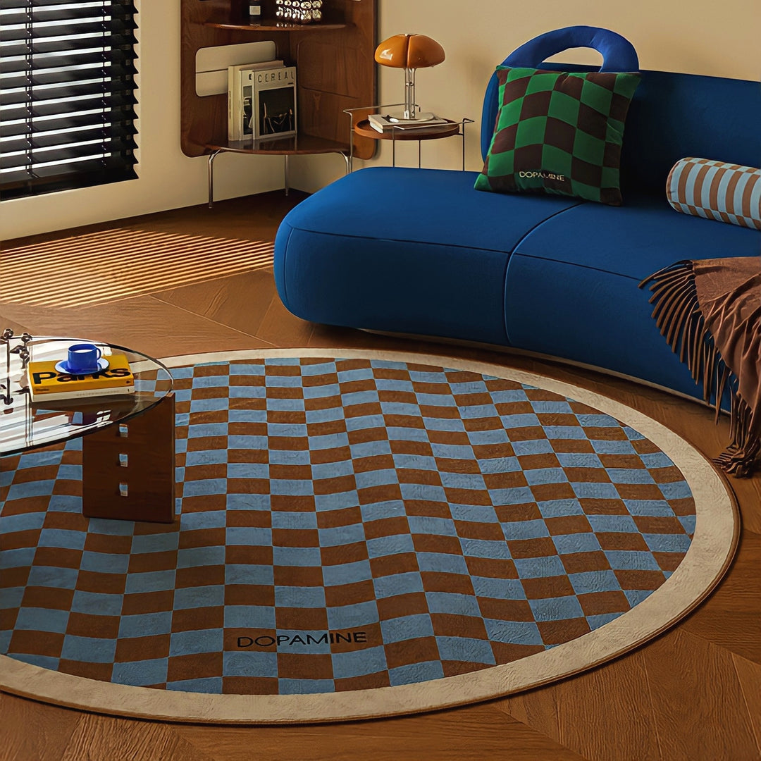 ラウンド3カラーラグカーペット ウェーブブロックチェック　ベージュ